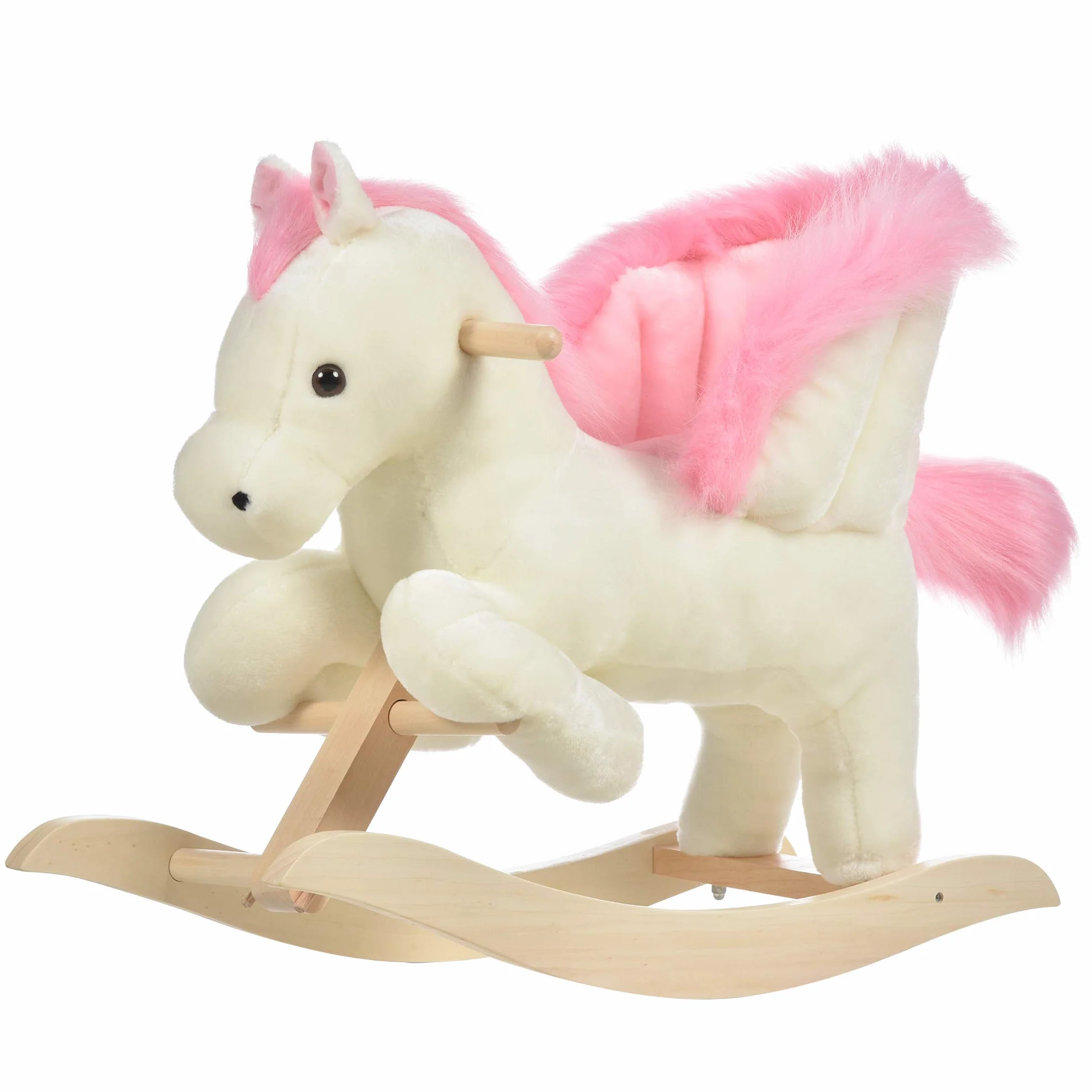 HOMCOM Cavallo a Dondolo Bianco e Rosa con Suoni e Struttura in Legno di Pioppo per Bambini 18-36 Mesi, 70x28x57cm