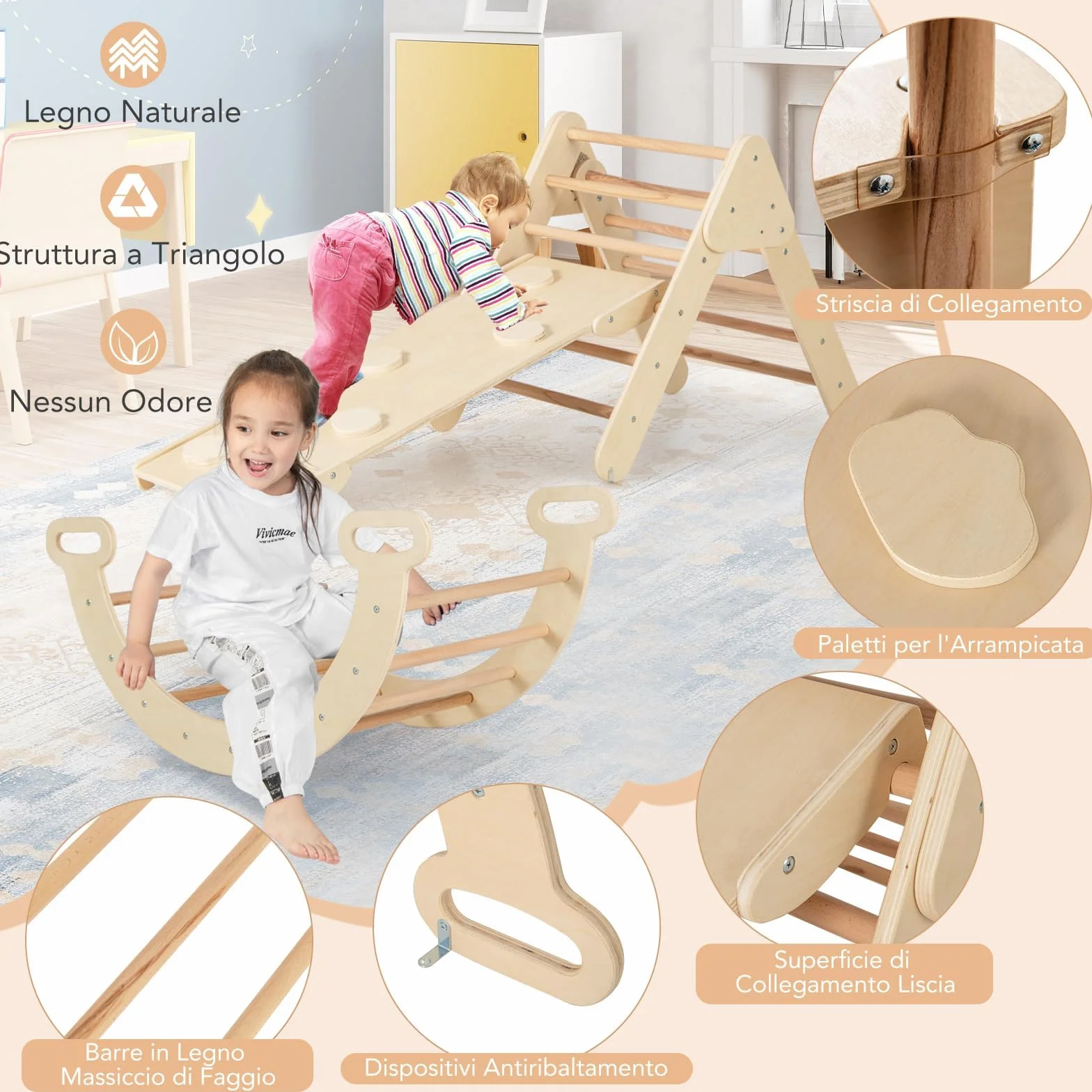 COSTWAY 4 in 1 Set da Arrampicata per Bambini, Giocattoli da Arrampicata a Triangolo con Triangolo Arco e Salita, Ideale per Bambini 1 Anni + (Naturale)