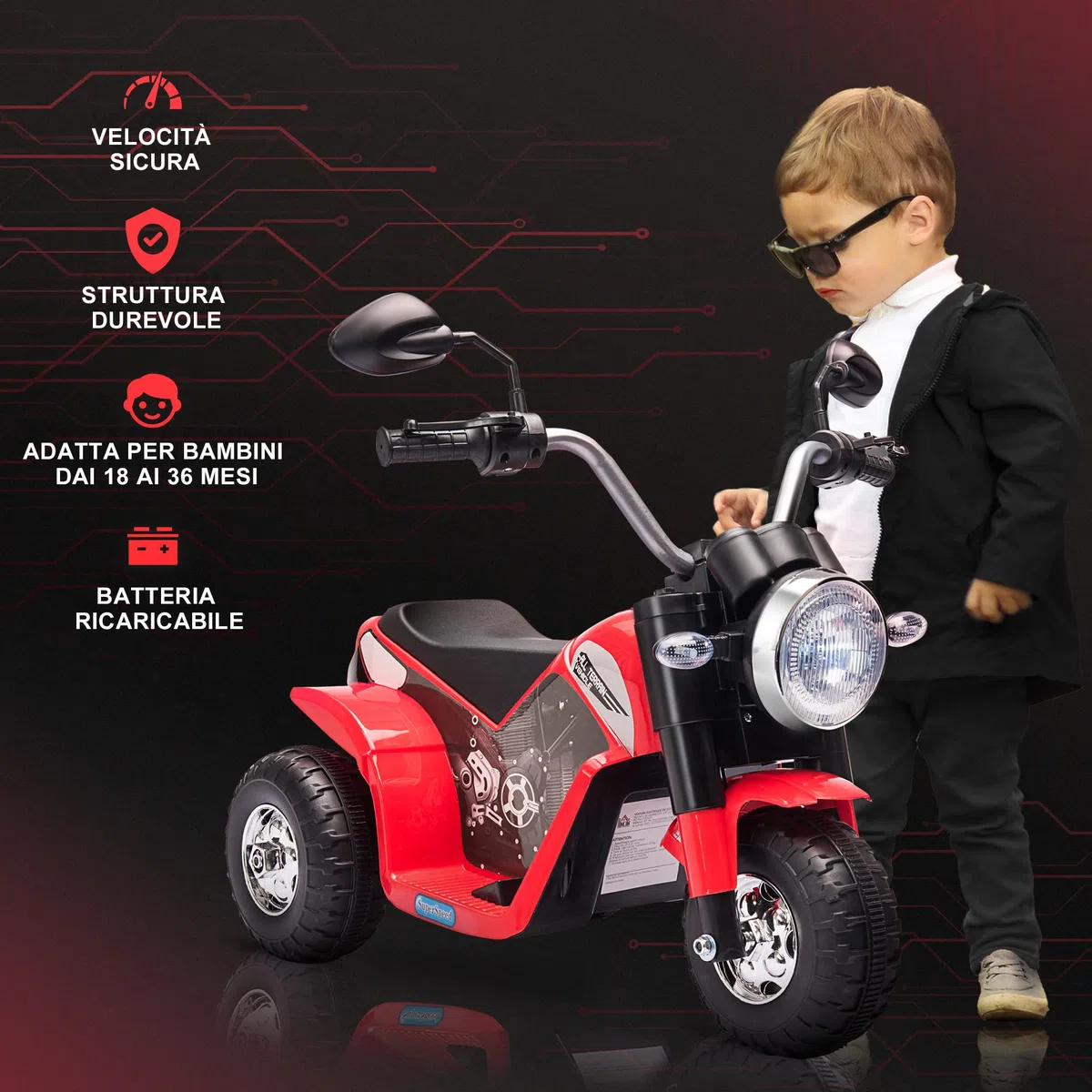 HOMCOM Moto Elettrica per Bambini a 3 Ruote 6V 2 km/h 72x57x56cm Rossa