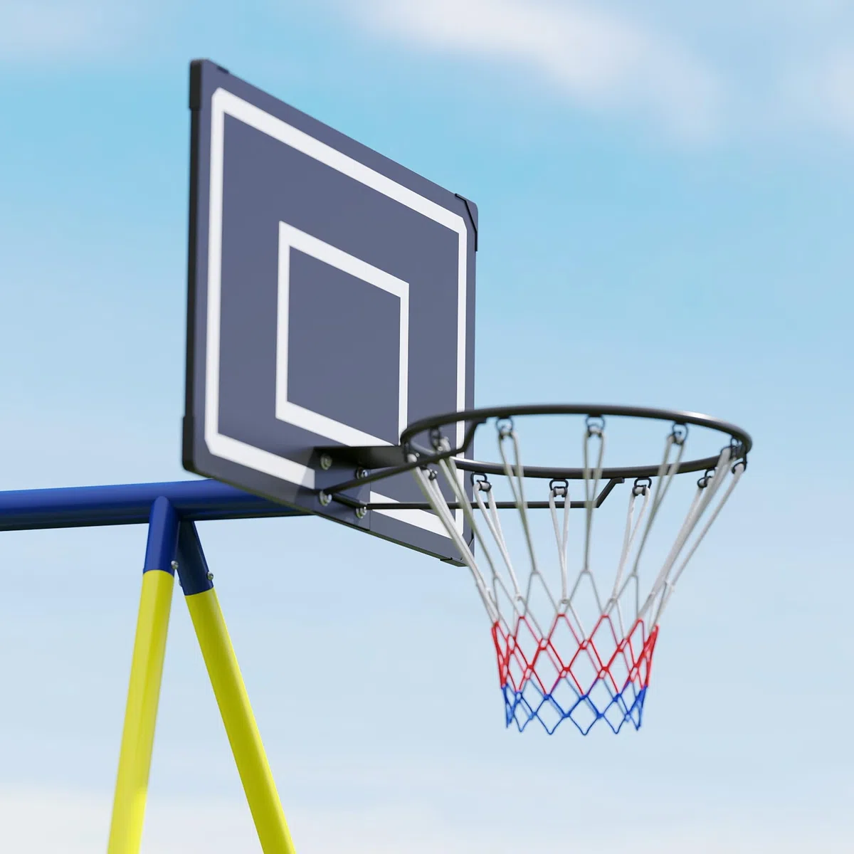 AIYAPLAY Set Altalena da Giardino 4 in 1 per Bambini con 2 Altalene, Canestro da Basket, Porta da Calcio, Supporto ad A in Acciaio, Capacità 150 kg, per Uso Esterno, 3-8 Anni, 288x160x220 cm