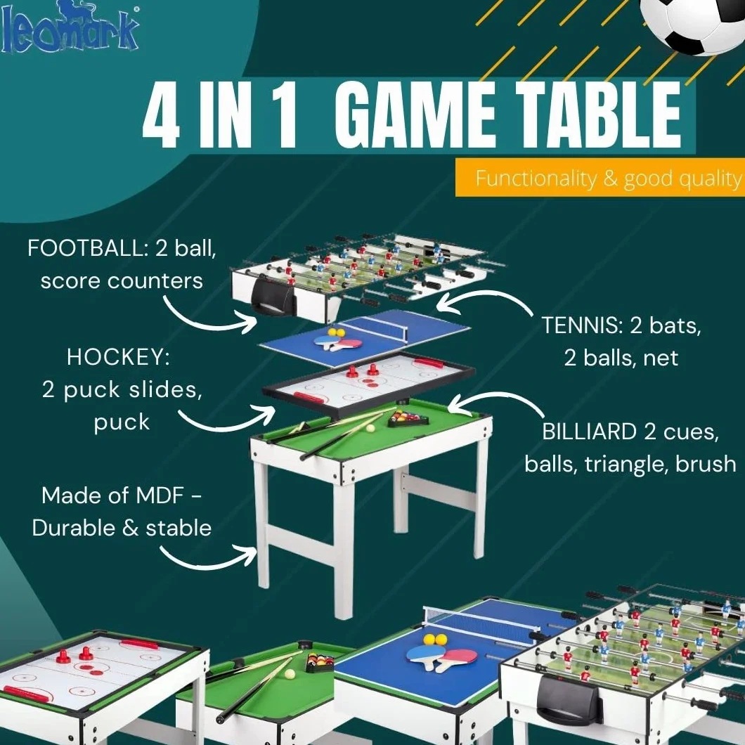 Leomark tavolo multigioco 4 in 1 per la casa e scuola, dim. 118cm x 61cm x 82cm (LxPxA) con biliardo pool, hockey, ping pong e calcetto balilla, tavolo da gioco per adulti e bambino