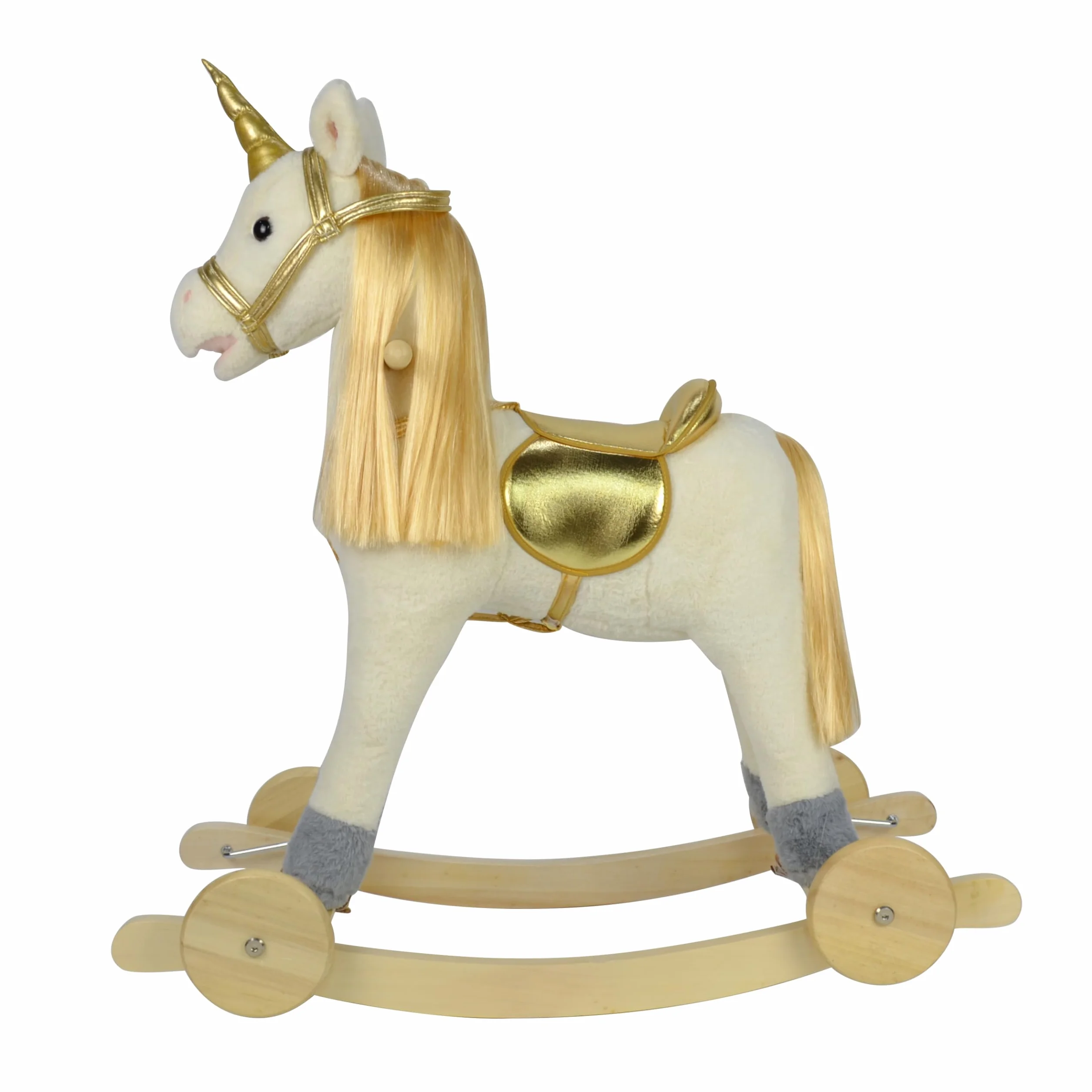 Cavallo a Dondolo per Bambini 36-72 Mesi Unicorno a Dondolo Cavalcabile in Legno e Peluche con Rotelle Suoni e Movimenti Realistici 74x30x62 cm (Bianco e Oro)