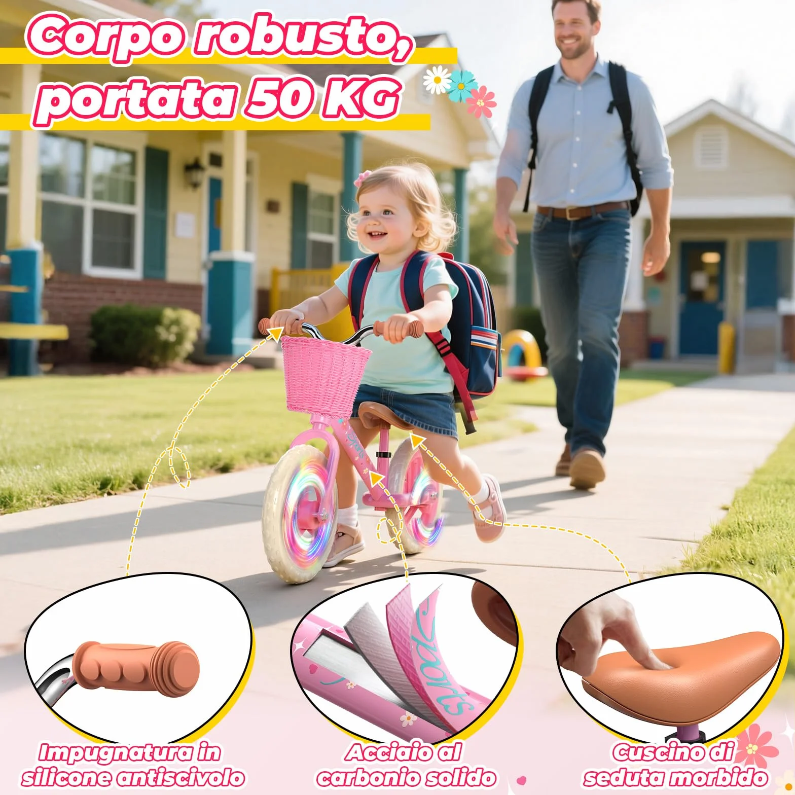 HappyGoLucky Bici Senza Pedali 2-5 Anni, Bicicletta Bambina – Ruote Luminose/Altezza Regolabile/Cestino Intrecciato, Giochi Regalo Giocattoli Gioco Bambina 2-5 Anni