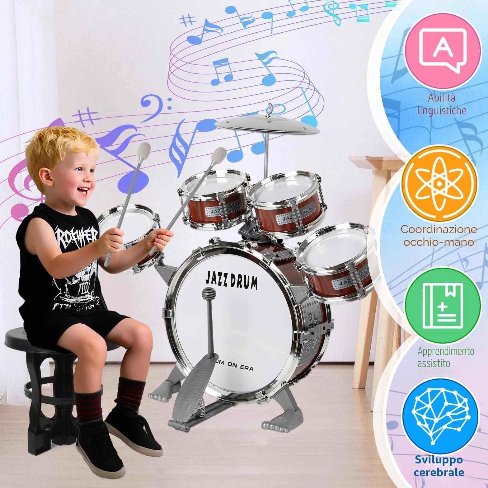 m zimoon Kit Batteria Jazz Per Bambini, 5 Tamburi Con Sgabello Pedale E Bacchette Per Principianti Strumento Musicale Percussione Giocattolo Vacanze Compleanno Regalo Educativo Per Ragazzi E Ragazze