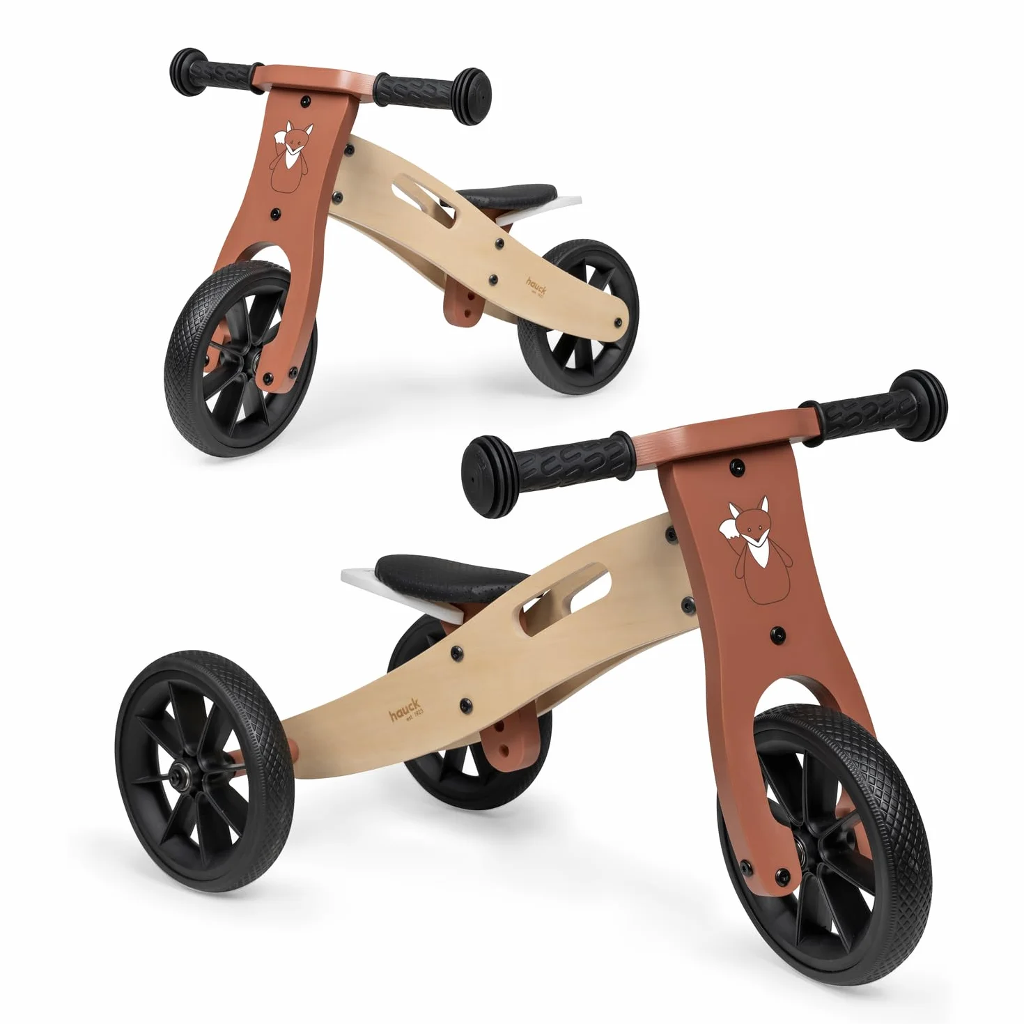 hauck First Ride Eco, Volpe - Triciclo e Bicicletta Senza Pedali Evolutivo in Legno per Bambini da 1 Anno Fino a 20 kg, Ruote 7,5 Pollici, Sella Regolabile in Altezza, con Manico di Trasporto
