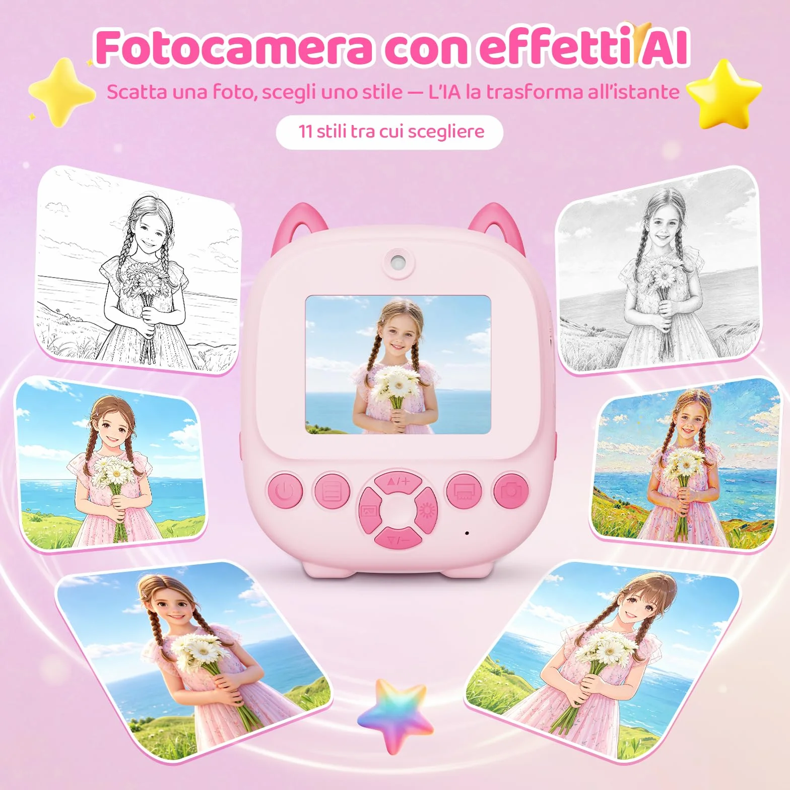 CHAKEYAKE Macchina Fotografica Bambini Istantanea, AI Riconoscimento Vocale E Immagini, Schermo da 2,4 Pollici, Funzione Foto & Video, Adesivi Creativi E Filtri, Regalo Per Ragazzi Ragazze, Rosa