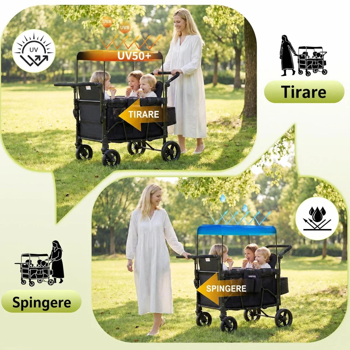 Passeggino a 4 Posti Per Bambini Pieghevole Tutto Terreno, Cappottina Regolabile, Maniglia Push & Pull, Vassoio Merenda, Imbracatura 5 Punti Di Sicurezza, Ruote Girevoli e Fisse, Spazio Ampio