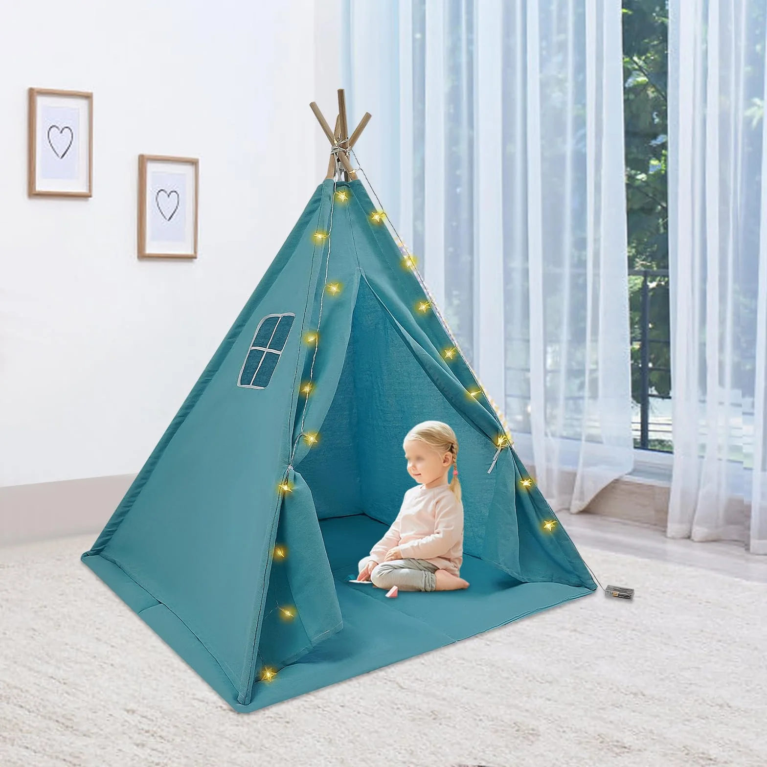Tipi Tenda per Bambini con Tappetino e Catena Luminosa, Pieghevole in Cotone, Casetta Giocattolo 120 x 120 x 140 cm Blu