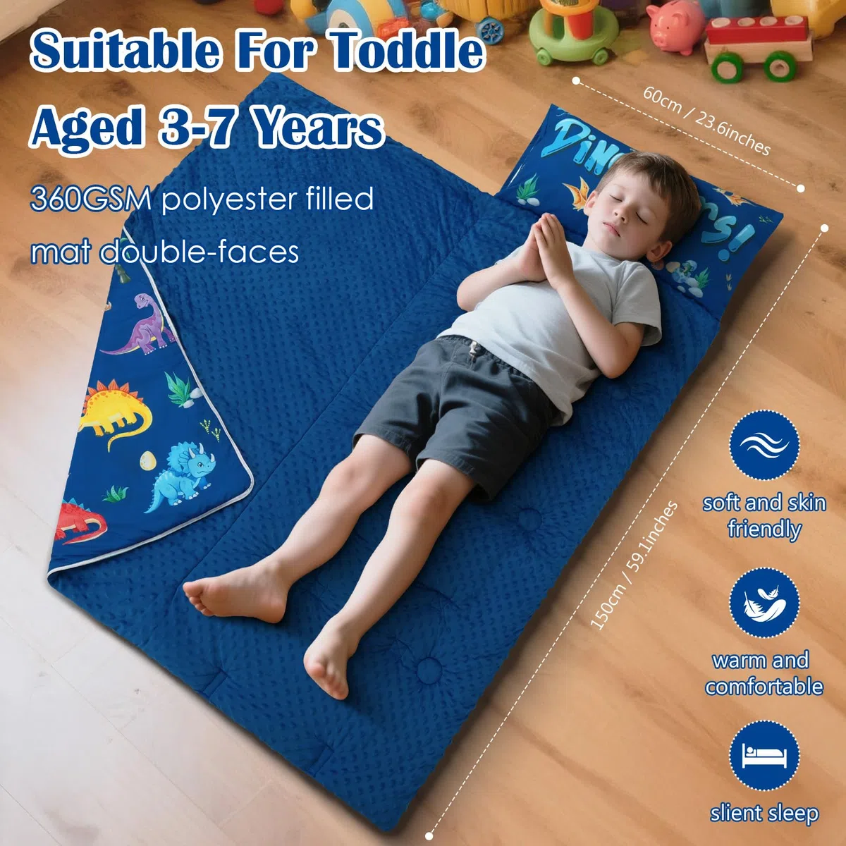 decalsweet Sacco a Pelo Bambino con Rimovibile Cuscino, Nap Mat per Bambini Pieghevole per Ragazze Ragazzi, Nap Mats con Doppia Cerniera per Campeggio, Scuola Materna e Asilo, 150×60cm