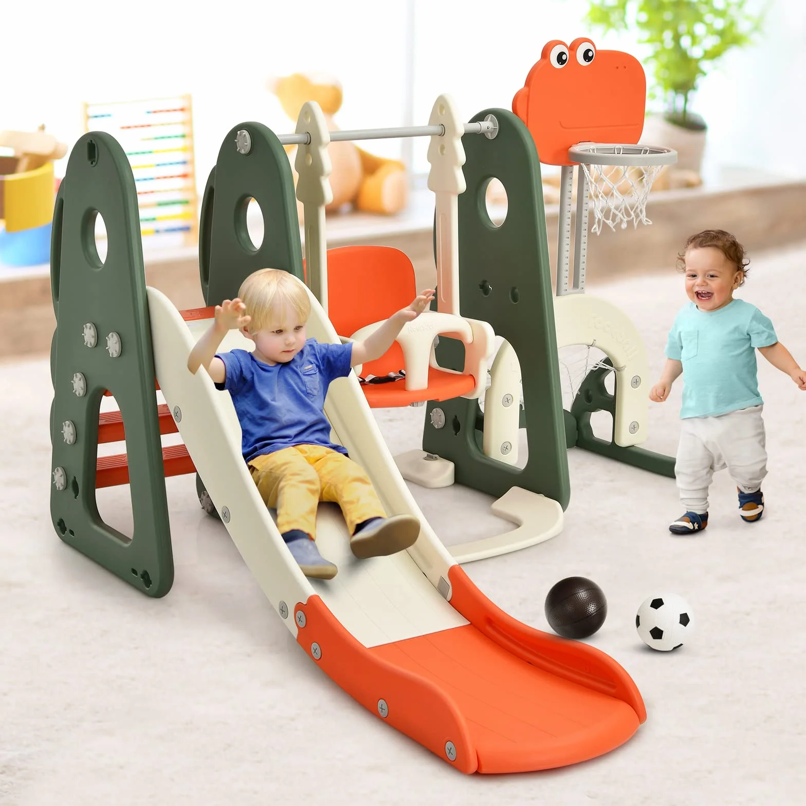 COSTWAY 6 in 1 Parco Giochi per Bambini, con Altalena Scivolo Canestro da Basket Golf, Parco Giochi per Bambini da Esterno ed Interno, 172x182x108-120cm, 18 Mesi+ (Arancione)