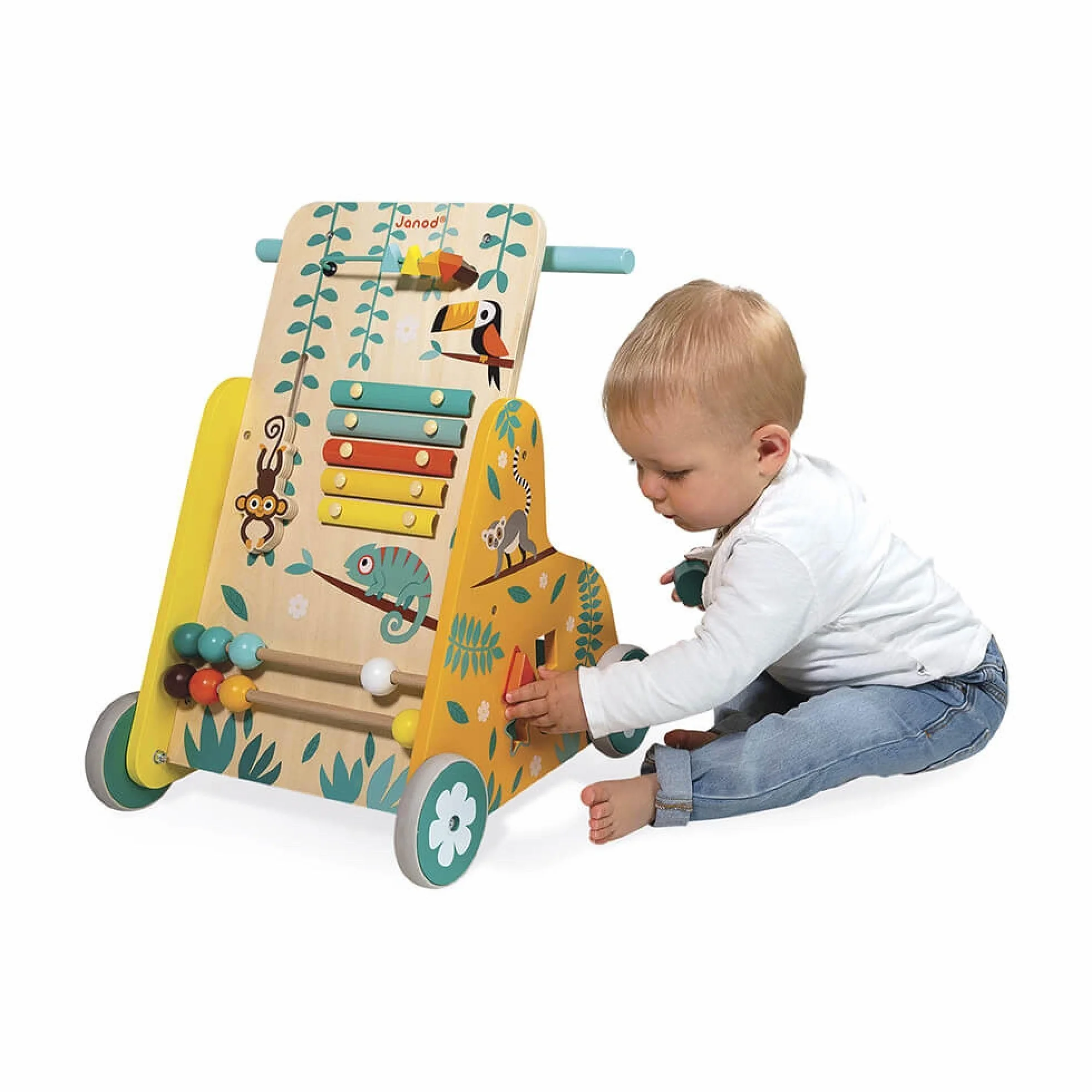 Janod - Carrello Multiattività Tropik - Primi Passi in Legno - Giocattolo Educativo 6 attività - Ruote Silenziose e Bloccabili - Certificato FSC - Vernice ad Acqua - da 1 Anno, J8269