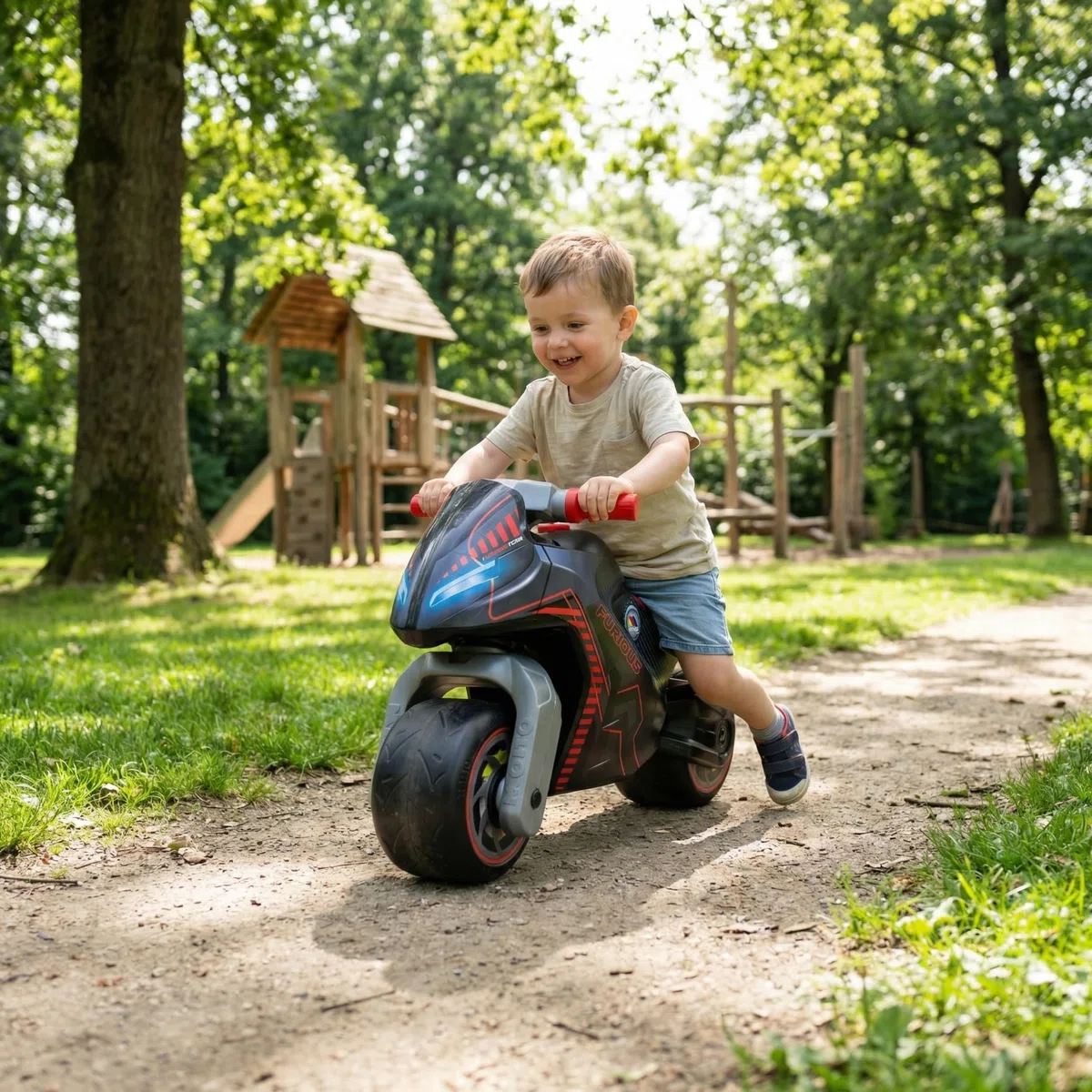 MOLTO Motocicletta cavalcabile bambini nera Furious design da corsa leggera stabile confortevole giocattolo sicuro interni esterni 18 mesi