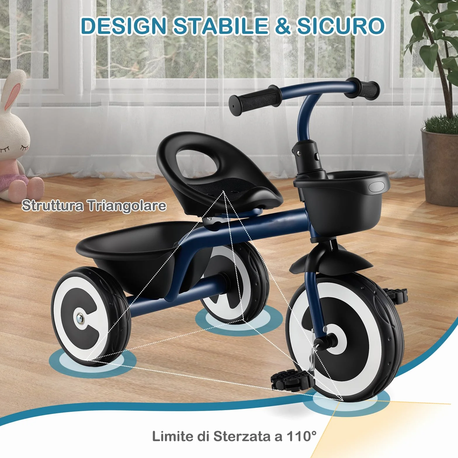 COSTWAY Triciclo per Bambini, Trike con Sede Regolabile Cestini Anteriori e Posteriori, Bicicletta a 3 Ruote con Telaio in Ferro Carbonioso di Alta Resistenza, per Bambini 1,5-5 Anni (Blu)