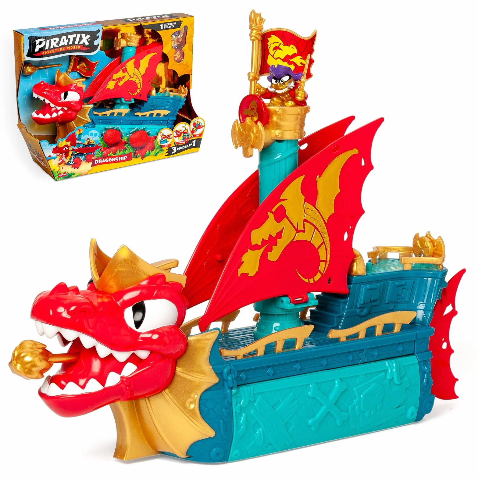 PIRATIX Dragon Ship – Piratix Dragon Nave All Terreno 3 in 1: Terra, Mare e Aria. Contiene 1 Nave Dragone, 1 Piratix Esclusivo, 1 Tesoro Esclusivo, 1 Bandiera e 1 proiettile