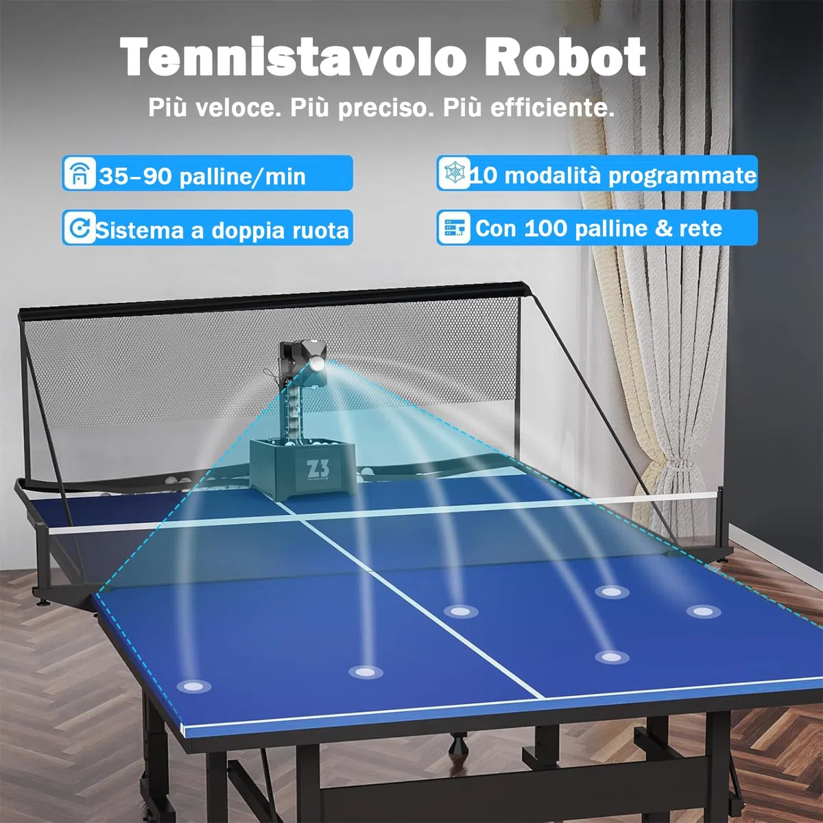OUKANING Robot da Ping Pong - Macchina Automatica per Allenamento, 10 Modalità, Velocità 4-40m/s, Frequenza 35-90 Palline/min, Capacità 100 Palline, Rete 152x137cm – Per Scuole e Sport