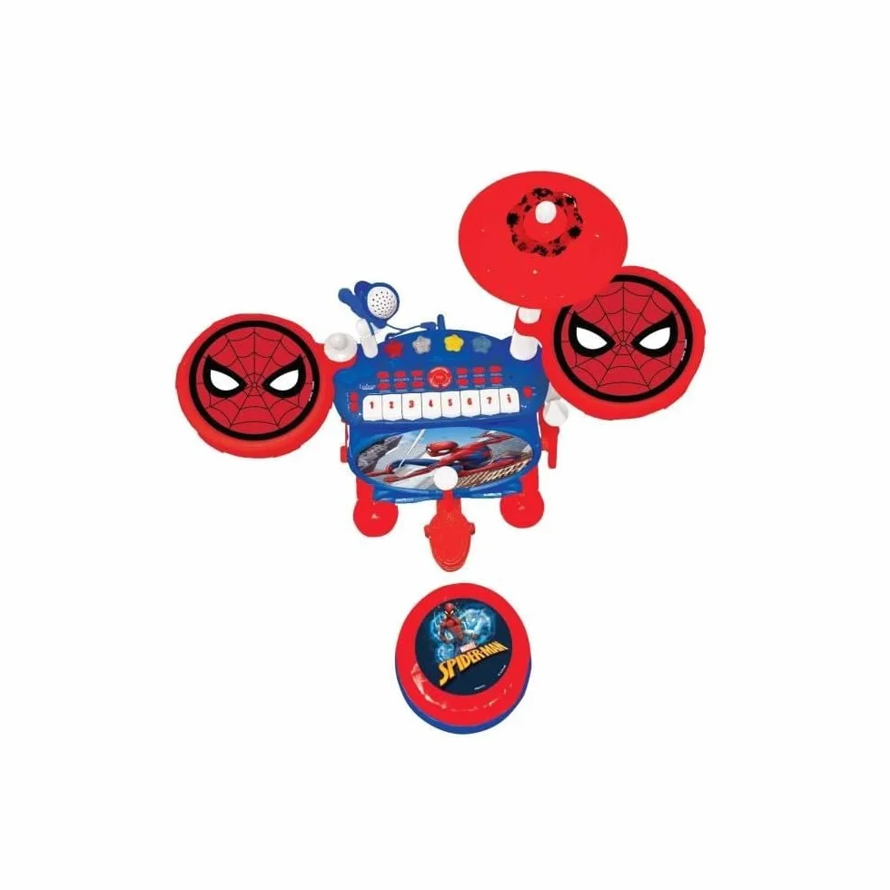 Lexibook, Spider-Man, Set elettronico per bambini, gioco musicale, suono realistico del tamburo, tastiera a 8 tasti, MP3, sedile incluso, blu/rosso, K610SP