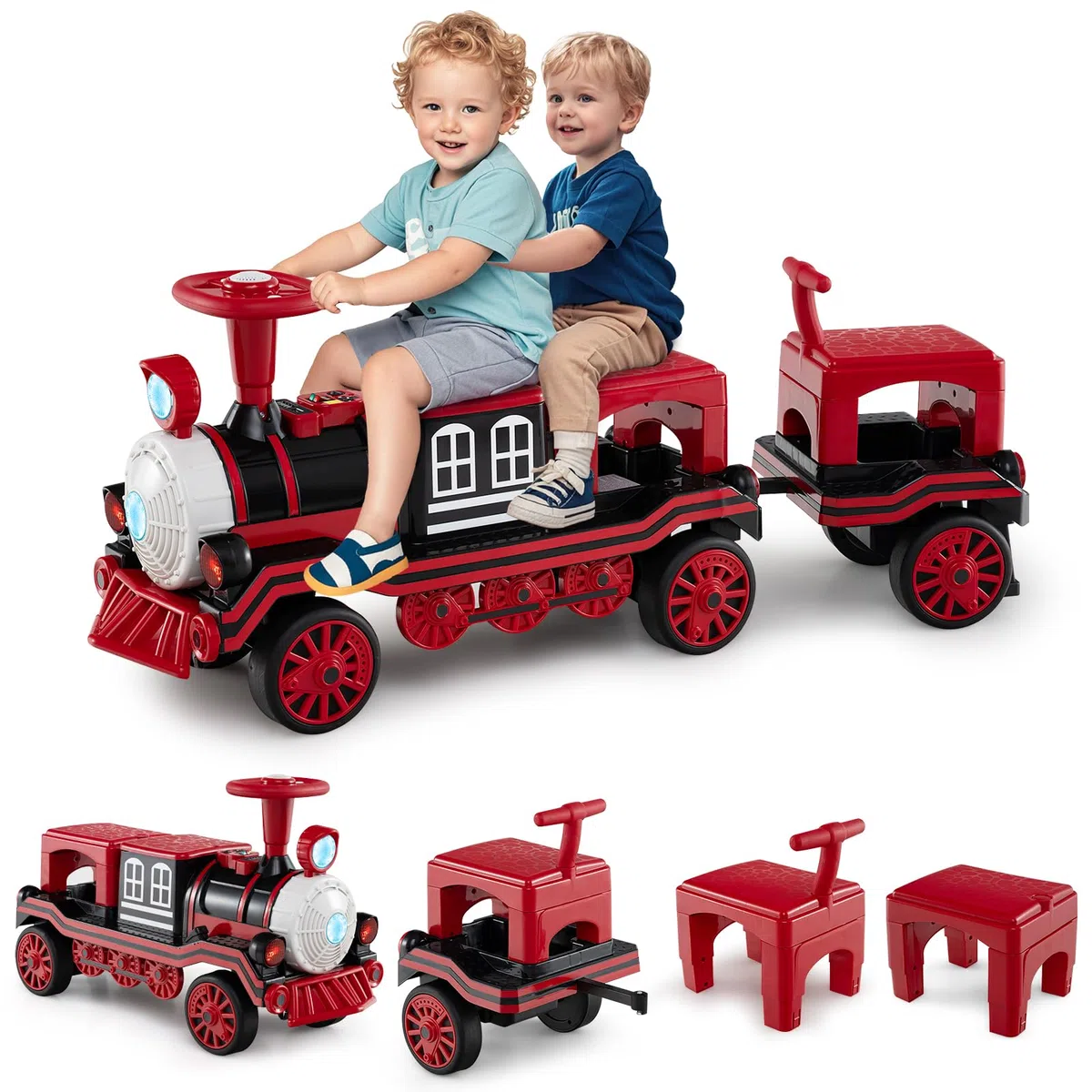 COSTWAY Trenino Elettrico Cavalcabile per Bambini, 12V Macchina Elettrica a 3 Posti con Locomotiva e Vagone Rimovibili, Treno con Luci LED, Clacson e Musica, per Bambini 3-8 Anni (Rosso)