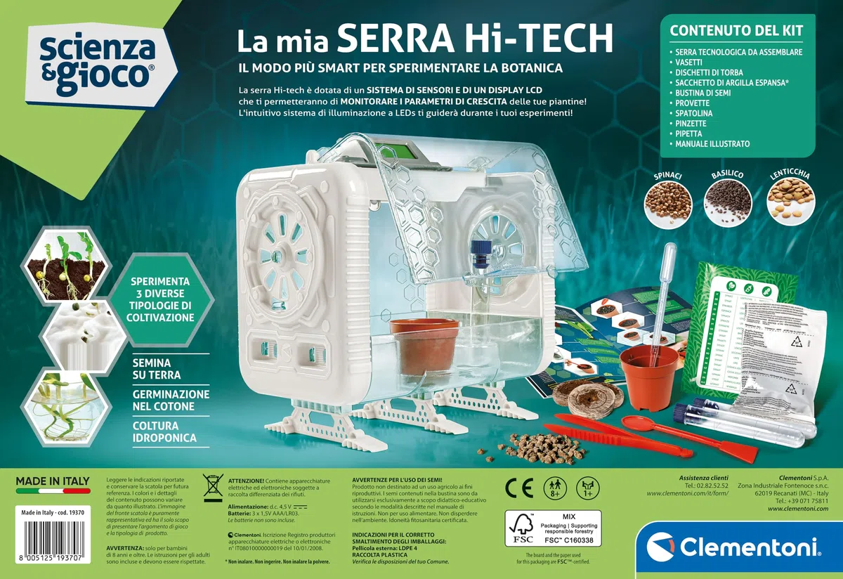 Clementoni Scienza e Gioco Lab - La Mia Serra Hi-tech, Laboratorio di Botanica Bambini 8+ Anni, 3 Modalità di Coltivazione Piante, con Led e Schermo LCD, Made in Italy, Lingua Italiana, 19370