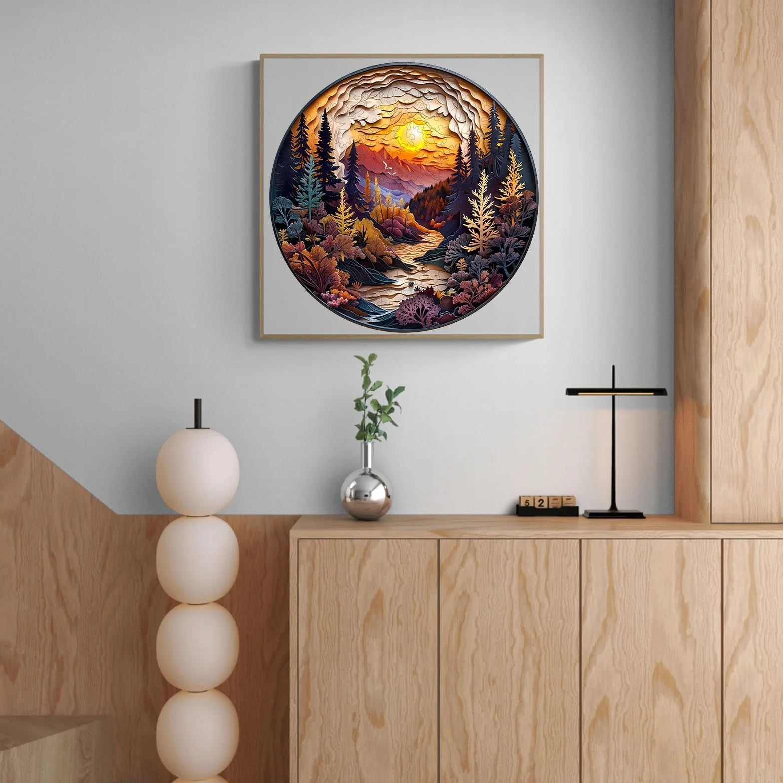 Puzzle in legno per adulti, 300 pezzi, visuale 3D, tramonto, foresta, puzzle in legno, per adulti, 34 x 34 cm, puzzle irregolare unico, puzzle in legno, a forma di animale, in legno con scatola in