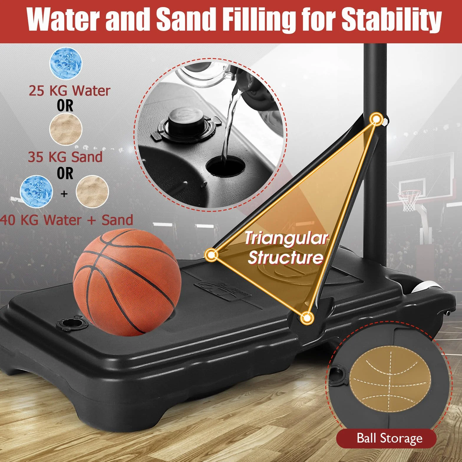 KOMFOTTEU Canestro Basket per Esterno da Pavimento, Canestro da Basket ad Altezza Regolabile 154-210 cm, Supporto da Basket con Base, Portatile con Ruote, Pallacanestro per Interno