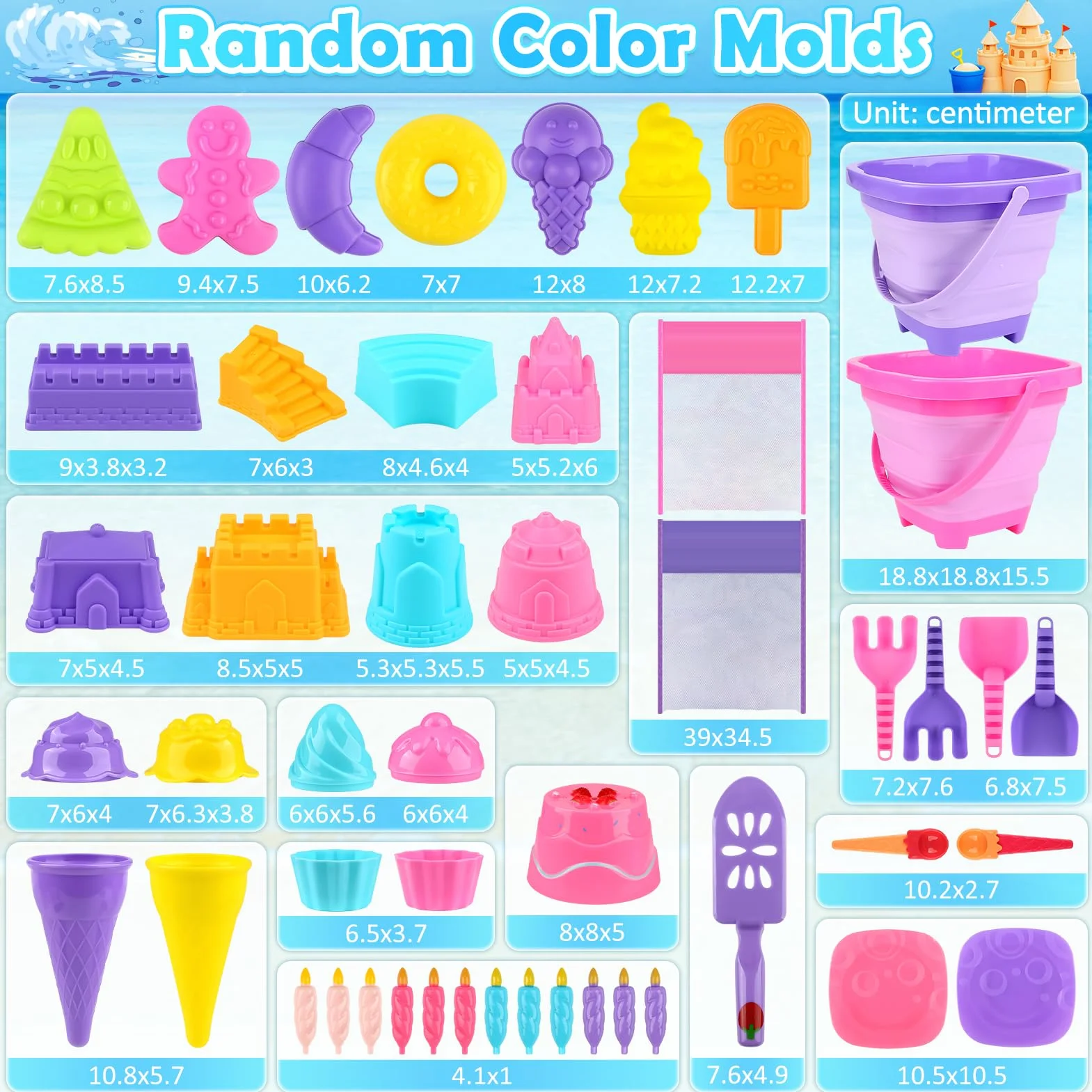 Joyreal 49 Pezzi Gelato Giochi Spiaggia Bambini - Secchiello Pieghevole, Paletta, Borsa Rete, Stampi per Dolce