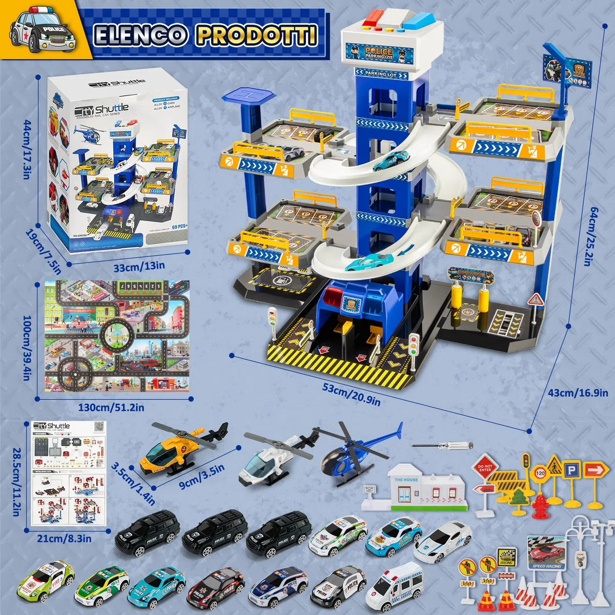 BuzzoXerex 5 Piani Garage Mmacchine per Bambini, Parcheggio Macchinine con 14 Autos e 2 Elicottero, Giocattolo Auto Garage con Ascensore e Rampe, Idea Regalo per Bambini 5 6 7 8 9 Anni (Polizia)