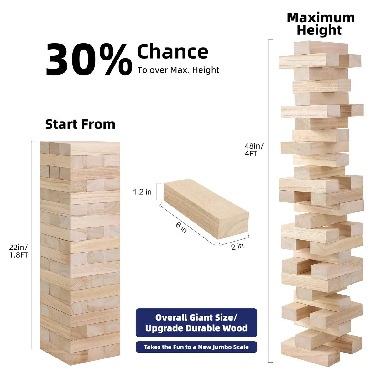 GOTHINK Torre di Legno Gioco Gigante 54 Blocchi di Legno Massello Apilabile 1.2m Gioco di Impilamento