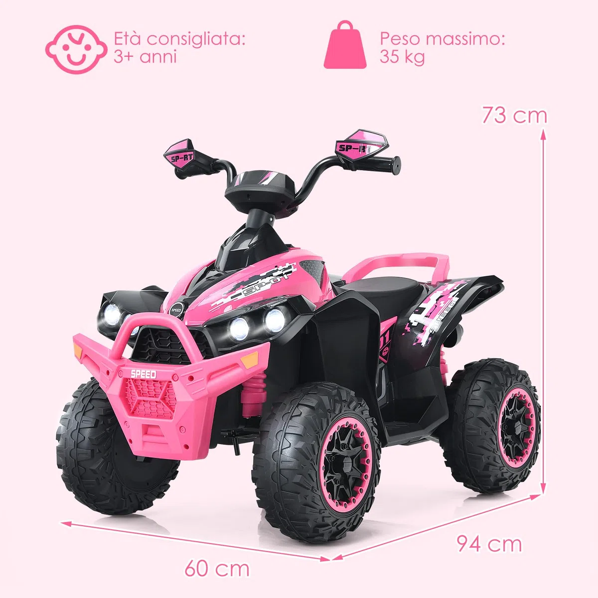COSTWAY 12V Quad Elettrico per Bambini, Auto Cavalcabile con Luci LED Musica, 2,2-4,3 km/h, Rosa