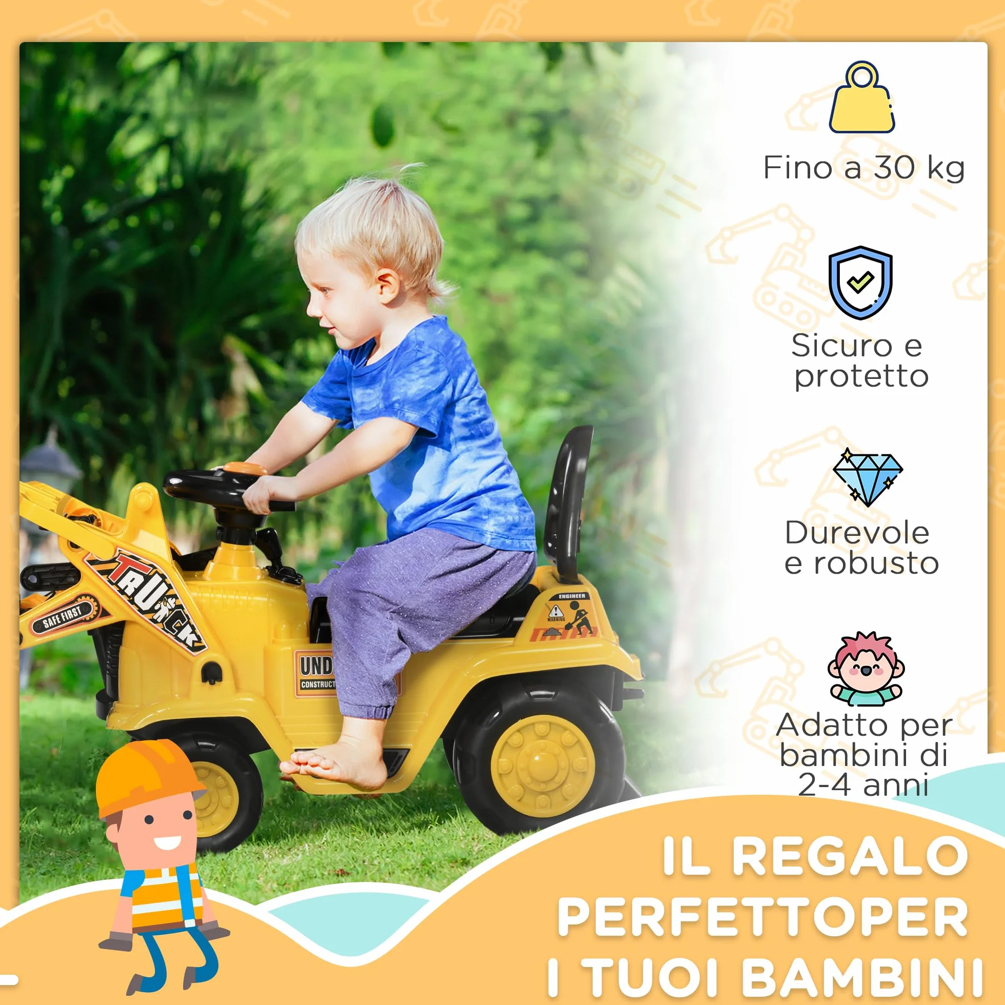 HOMCOM Escavatore per Bambini 2-4 Anni Manuale con Pinza, Pulsante per Suoni e Spazio Portaoggetti Nascosto, in PP e ABS, 83x27x39 cm, Giallo e Nero