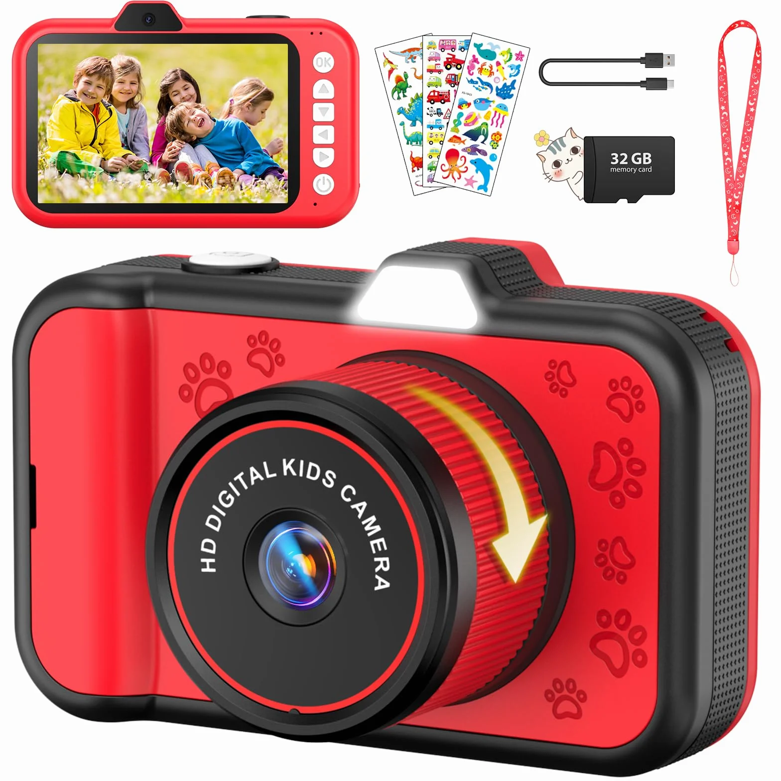 Macchina Fotografica Bambini,Usteetic 3,5” Grande Schermo 1080P Fotocamera Digitale Bambini con 360° Obiettivo Zoom LED Flash 32GB TF Scheda,Regalo di Natale Giocattolo per 3 4 5 6 8 7 9 10 11 12 Anni
