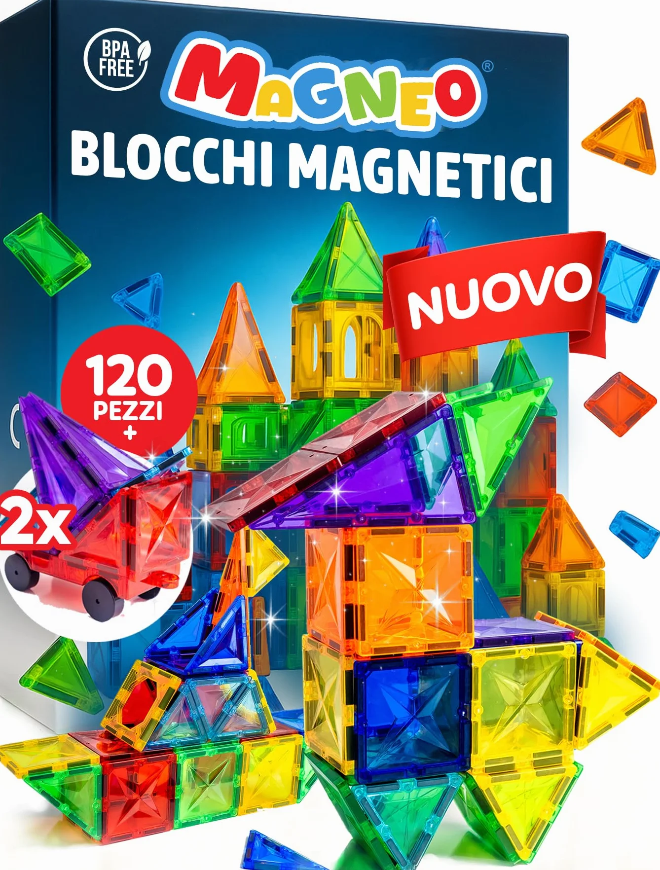 Blocchi Magnetici 120 Pezzi (2 Auto) – Costruzioni Magnetiche per Bambini 3+ – Gioco Creativo con Magnetic Tiles – Blocco da Costruzione Educativo – Idea Regalo Bimbi