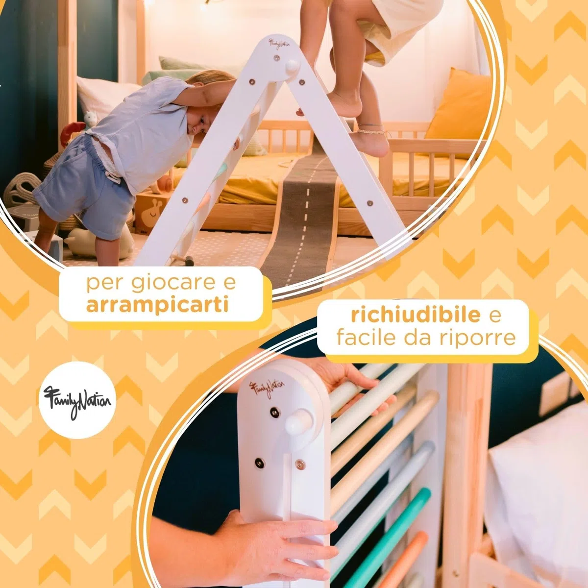Triangolo Montessori Pikler Sunny Beach per Bambini 1 Anno Struttura in Legno Pieghevole Colori Atossici