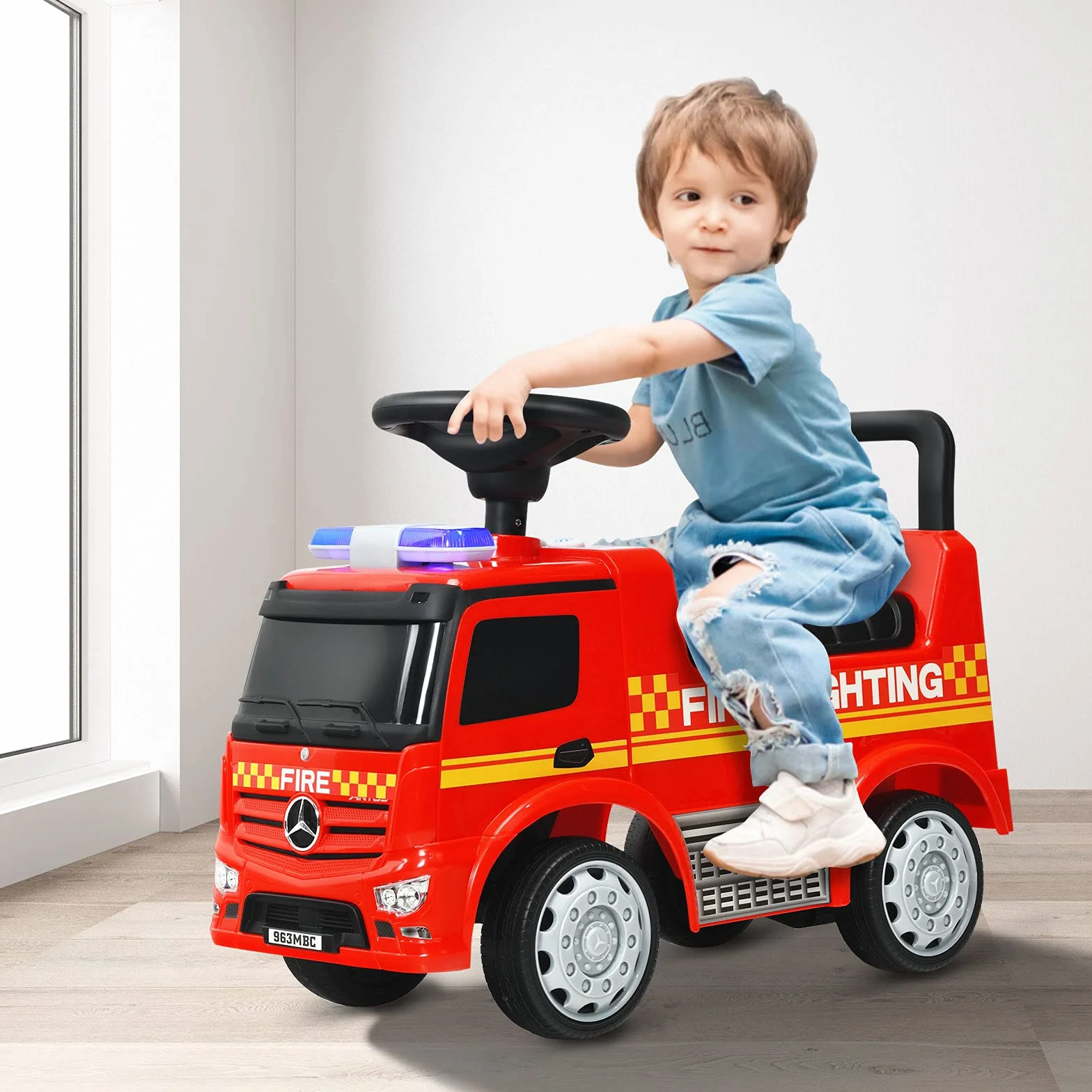 COSTWAY Camion dei Pompieri per Bambini, Macchinina Cavalcabile per Bambini, con Volante, Schienale, Macchina Cavalcabile con Piedi a Terra, Rosso