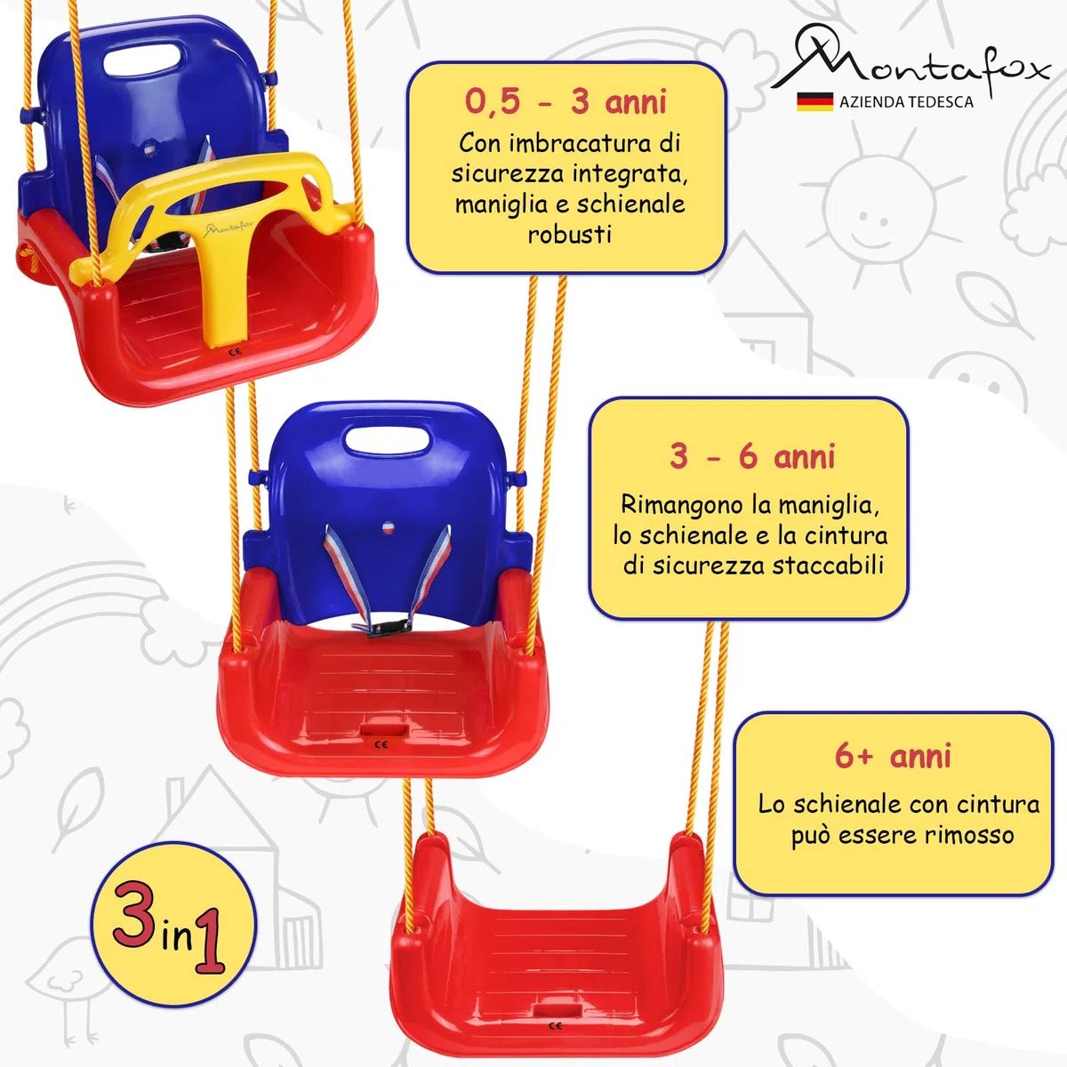 Montafox Altalena per bambini regolabile 3 in 1 seggiolino crescente con schienale e cintura di sicurezza, colorato