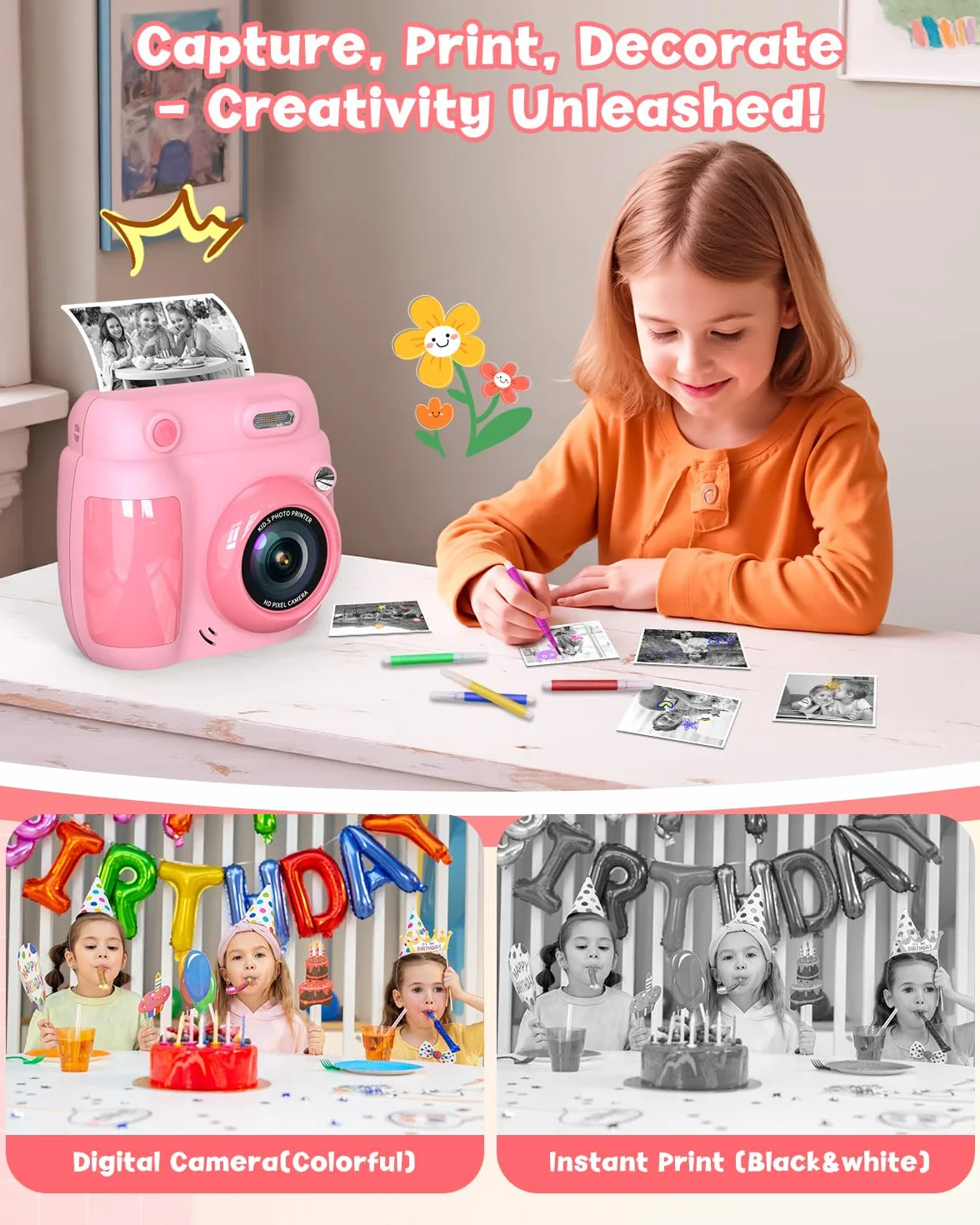 Gofunly Macchina Fotografica Bambini Istantanea, 2,4 Pollici Schermo Fotocamera Istantanea per Bambini con 32GB Scheda, 1080P HD Fotocamera Digitale Regalo per Ragazze Ragazzi da 3-12 Anni