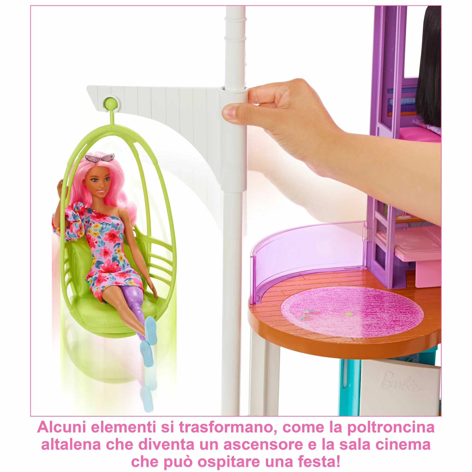Barbie - Casa di Malibu (106 cm) playset casa delle bambole con 2 piani, 6 stanze, ascensore altalena e più di 30 pezzi, Giocattolo per Bambini 3+ Anni, HCD50