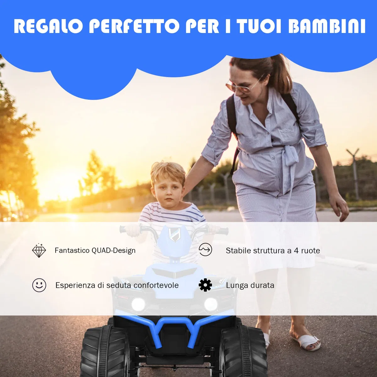 Costway 12V Quad Elettrico per Bambini, Auto Elettrica Cavalcabile con Luci LED e Musica, 5km/h, 3-7 Anni Blu