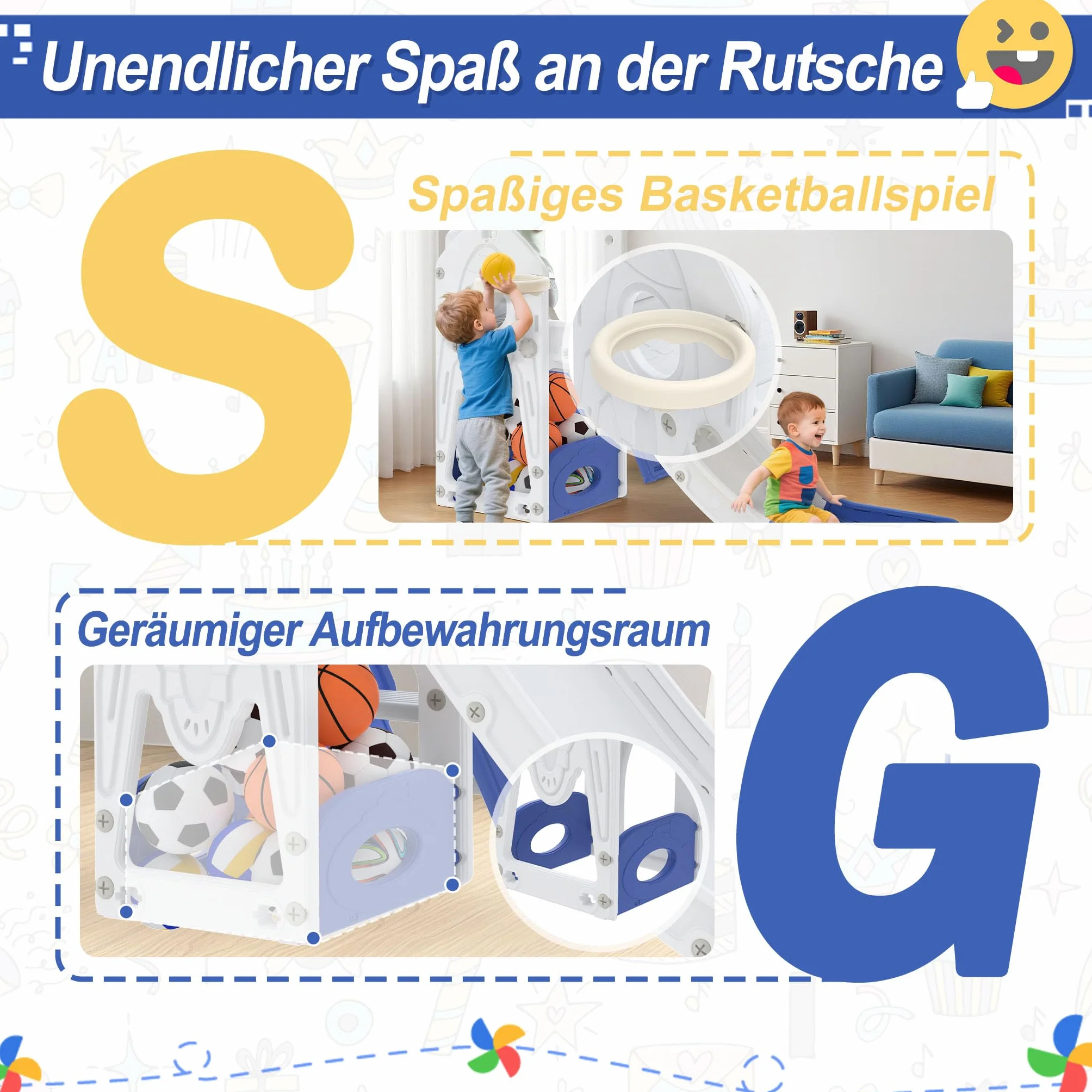 UISEBRT Scivolo per bambini con scaletta da arrampicata, spazio di archiviazione, cestino da basket e telescopio da gioco, scivolo per bambini in HDPE e PP, autoportante, per interni ed esterni, 5 in
