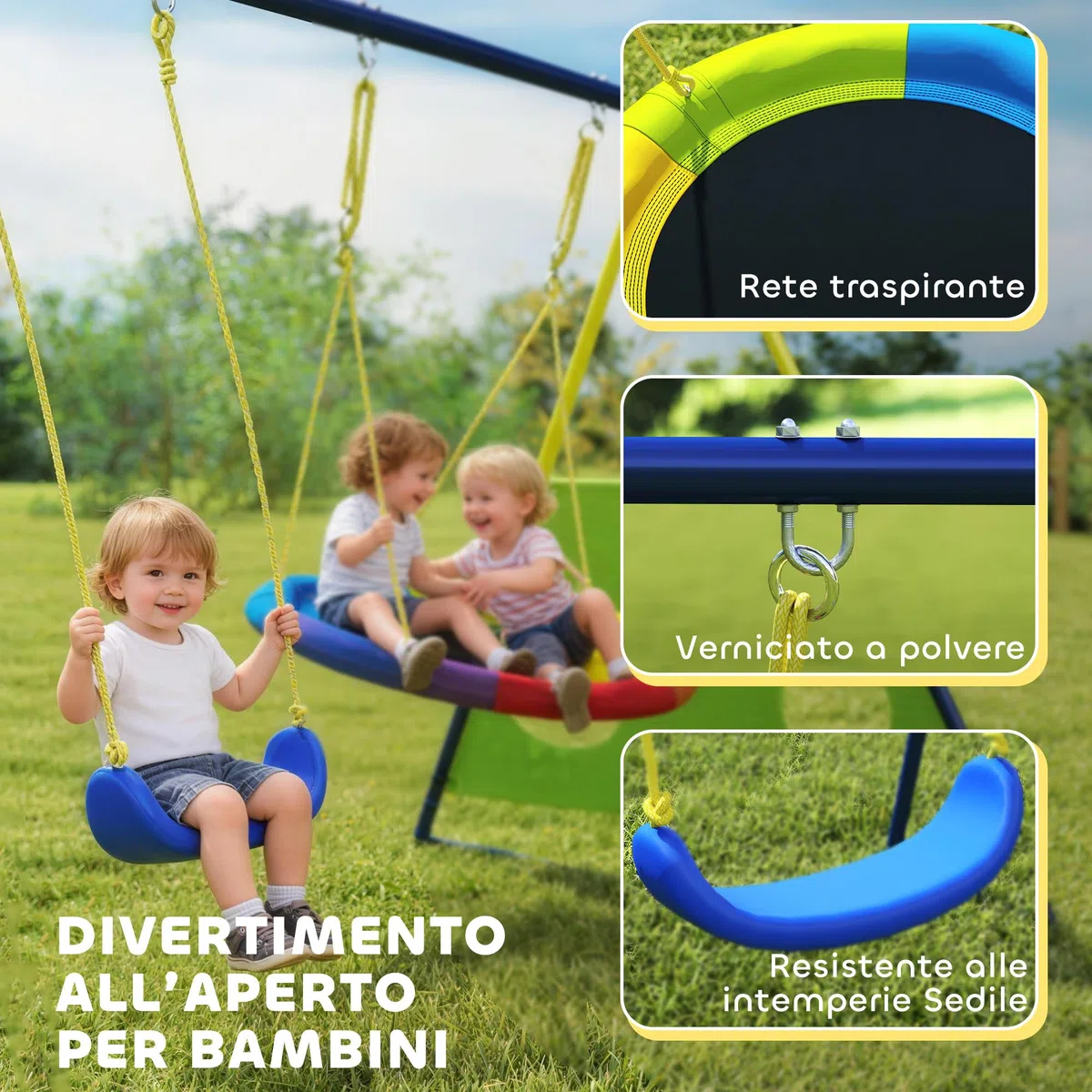 AIYAPLAY Set Altalena da Giardino 4 in 1 per Bambini con 2 Altalene, Canestro da Basket, Porta da Calcio, Supporto ad A in Acciaio, Capacità 150 kg, per Uso Esterno, 3-8 Anni, 288x160x220 cm
