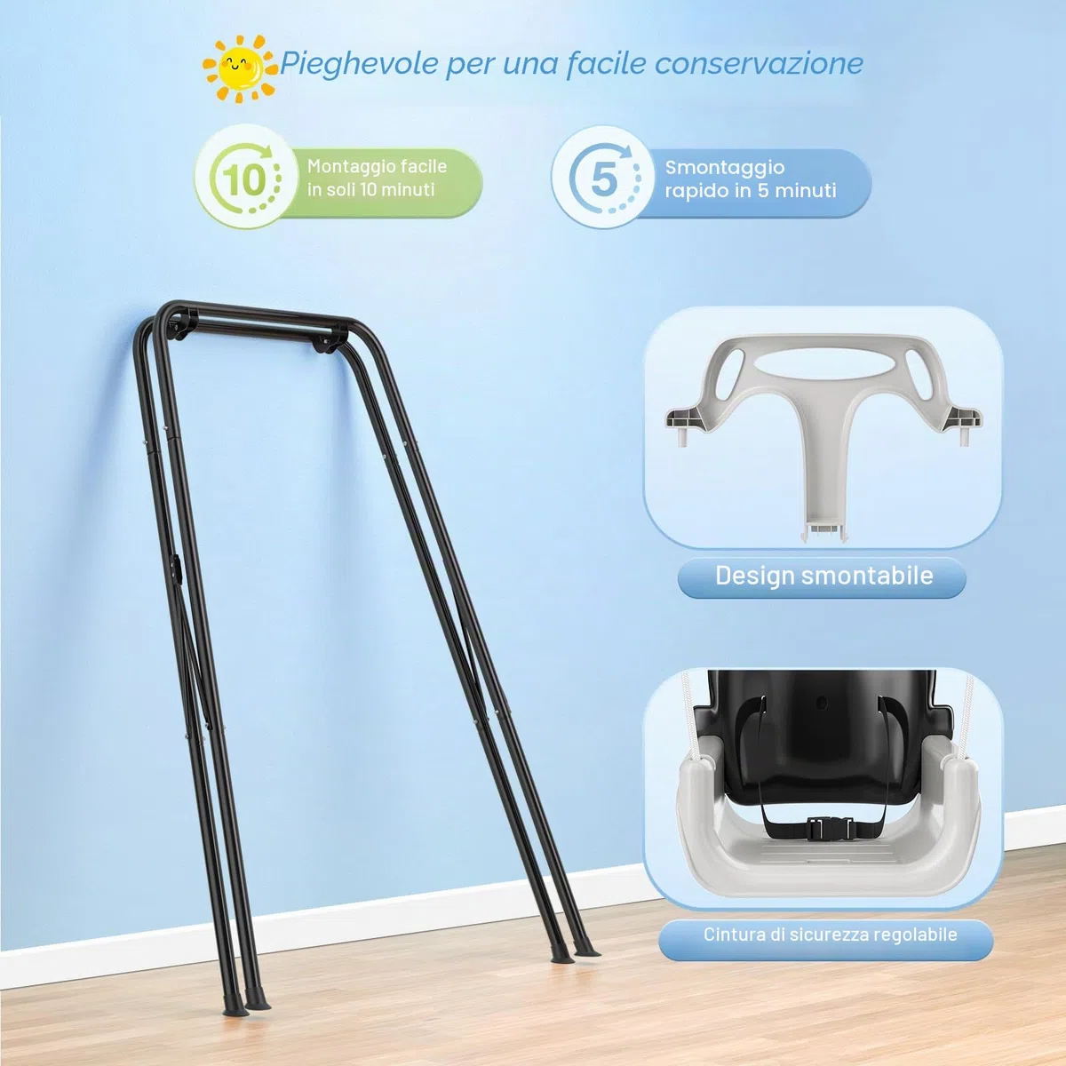4-in-1altalena da giardino per bambini, Altalene Saltare Su per Bambini per Giochi, Supporto Metallo Pieghevole, Sedili Rimovibili Alta Qualità, 18 Mesi-6 Anni