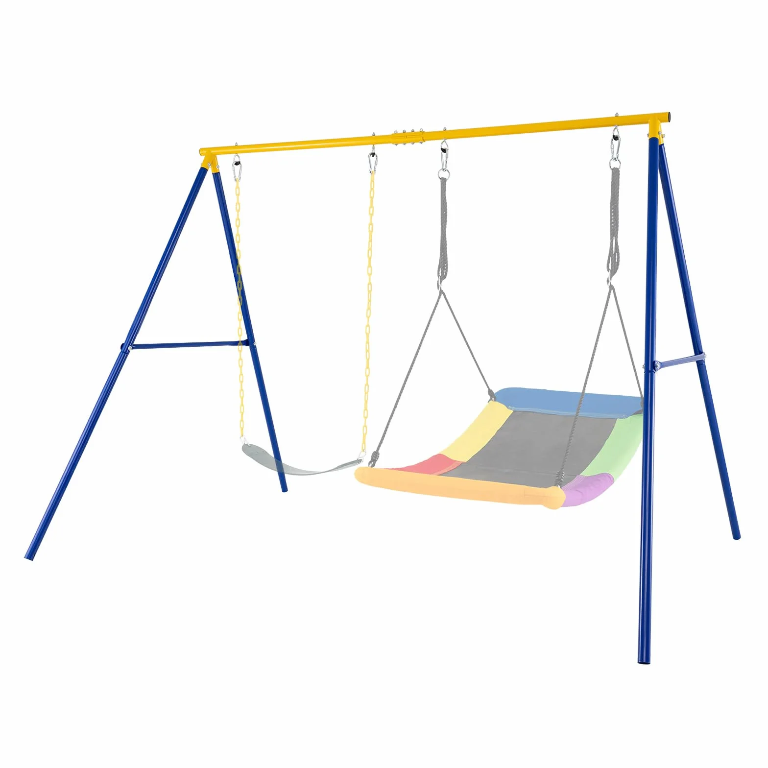 RELAX4LIFE Struttura per Altalena Doppia da Giardino con Portante 300kg, 2 Posti da Appendere, per Bambini e Adulti, Gioco Interno/Esterno, 4 Picchetti, Copripiedi e Moschettoni, Giallo e Blu