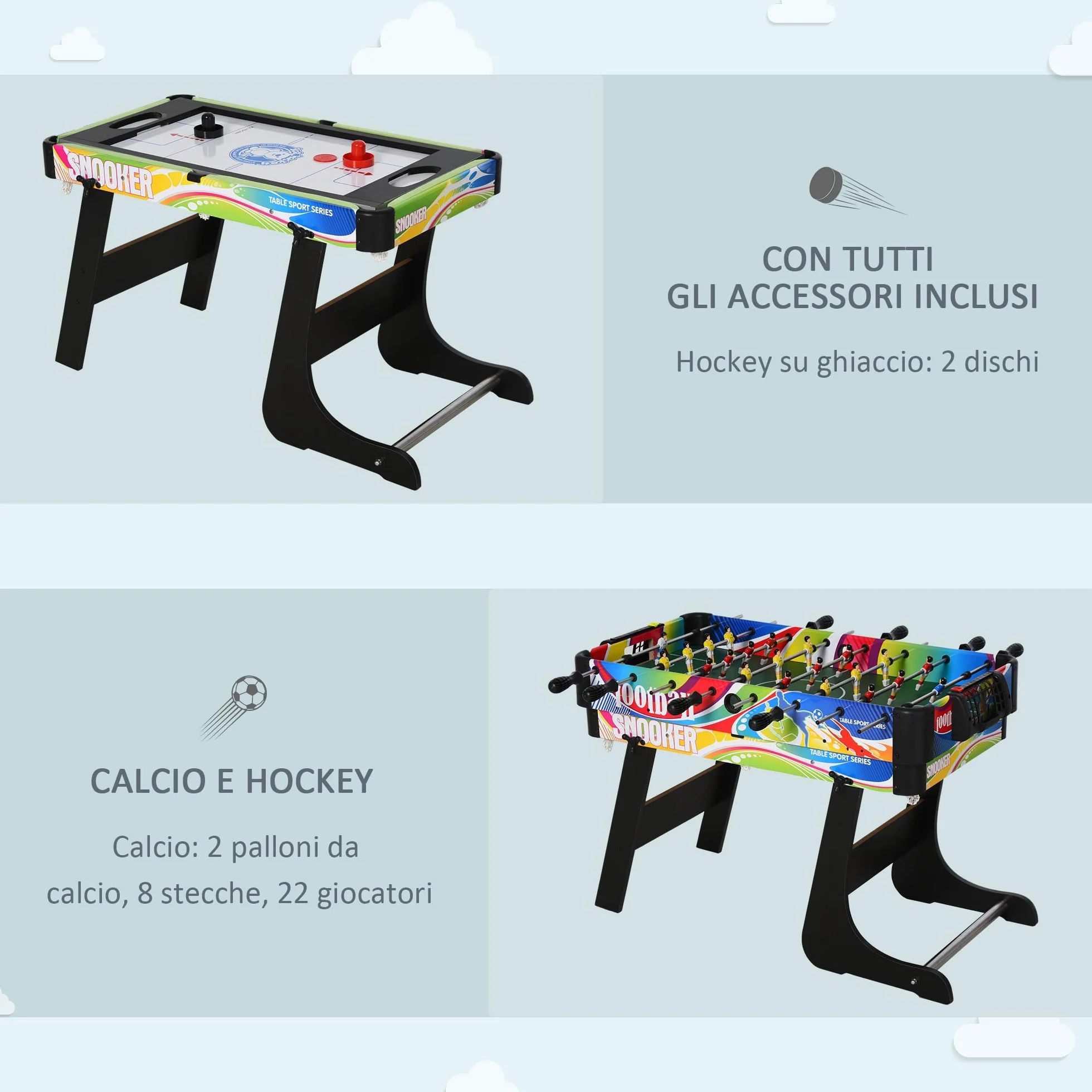 HOMCOM Tavolo da Gioco 4 in 1 per Calcio-Balilla, Biliardo, Air Hockey e Ping Pong con Accessori Inclusi, Tavolo Multigioco Pieghevole in MDF e Plastica, Multicolore