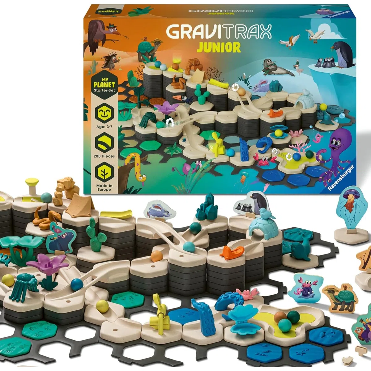 Ravensburger - GraviTrax Junior My Planet Starter-Set, Pista biglie 200 pezzi, Rompicapo bambini, Giochi bambini 3 anni e più, Gioco Interattivo ed Educativo STEM, Compatibile con tutti i GraviTrax