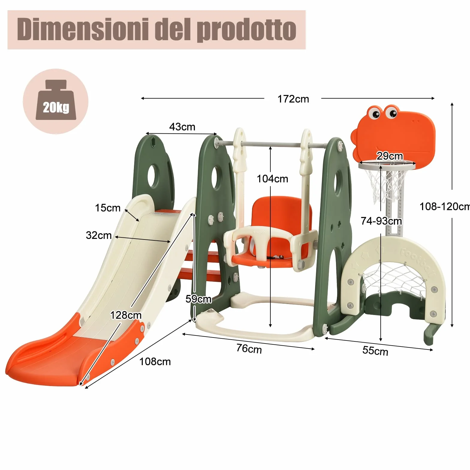 COSTWAY 6 in 1 Parco Giochi per Bambini, con Altalena Scivolo Canestro da Basket Golf, Parco Giochi per Bambini da Esterno ed Interno, 172x182x108-120cm, 18 Mesi+ (Arancione)
