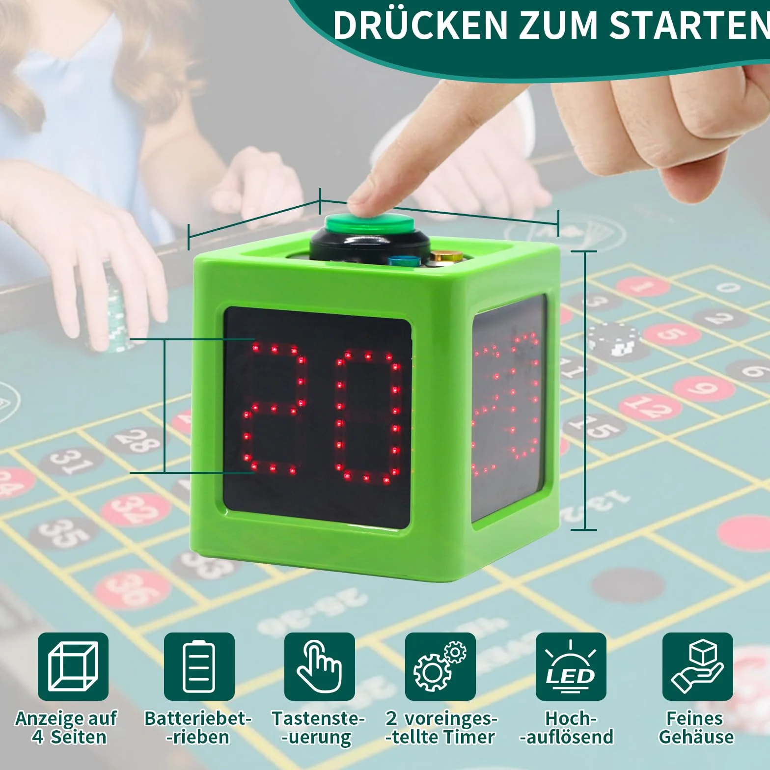 Timer da poker con conto alla rovescia 20/30 secondi personalizzato cubo 4 lati verde