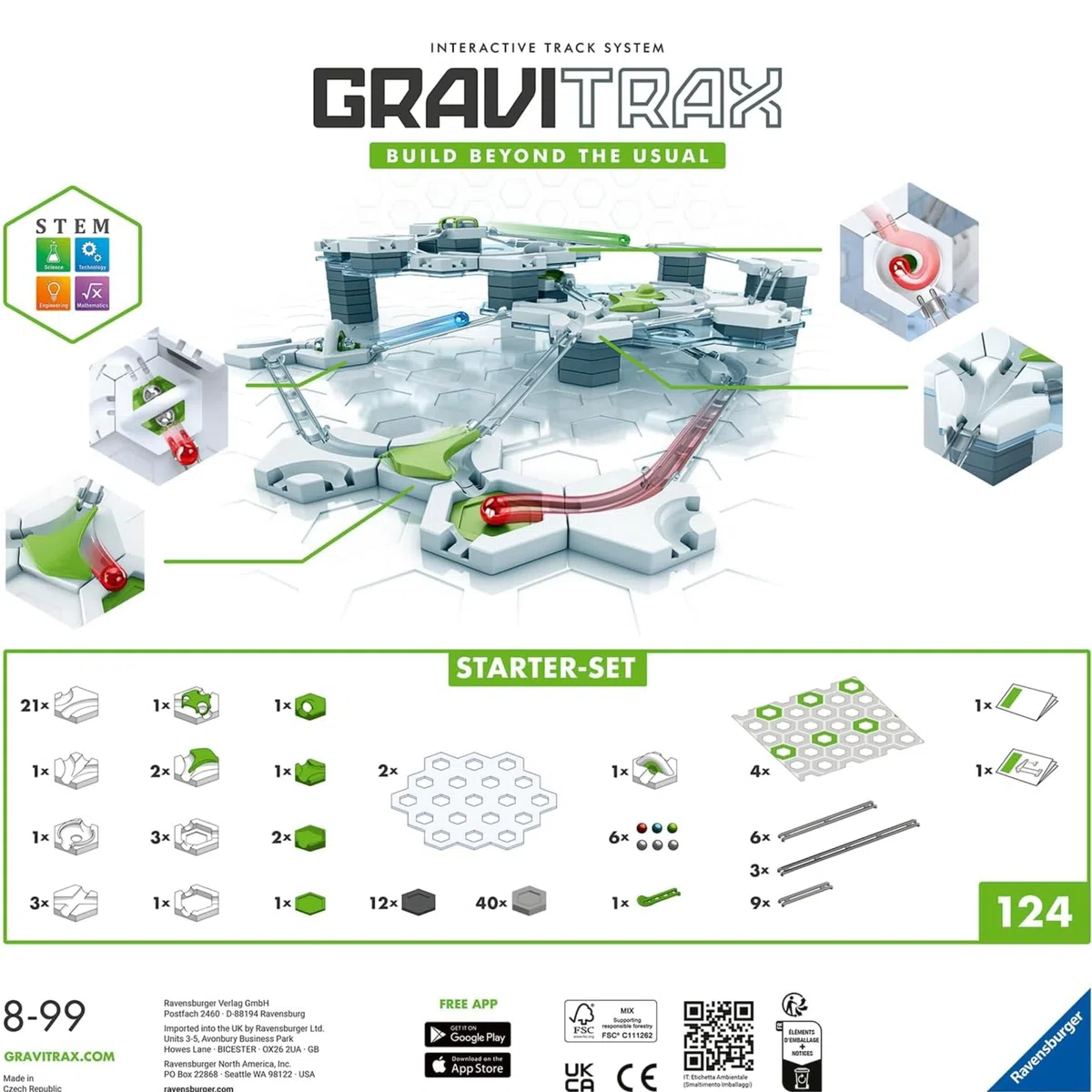 Ravensburger - GraviTrax Starter-Set, Pista biglie 116 pezzi, Rompicapo bambini e adulti, Giochi bambini 8 anni e più, Gioco Interattivo ed Educativo STEM, Compatibile con tutti i produtti GraviTrax