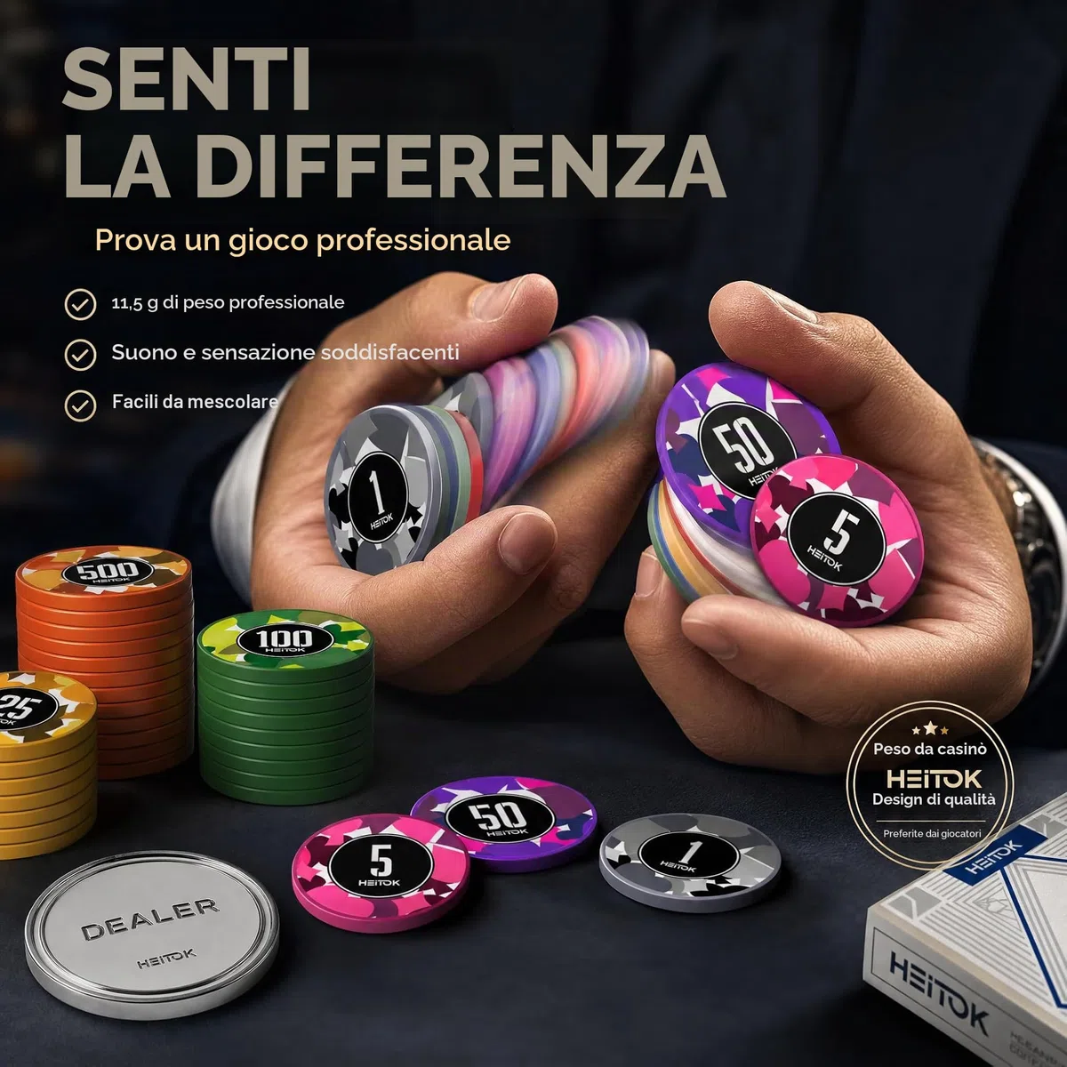 HEITOK Set Poker Professionale 300 Fiches Numerate 11,5g con Valigetta Alluminio Rinforzata, 2 Mazzi Carte e Bottone Dealer in Metallo per Texas Hold'em e Casinò