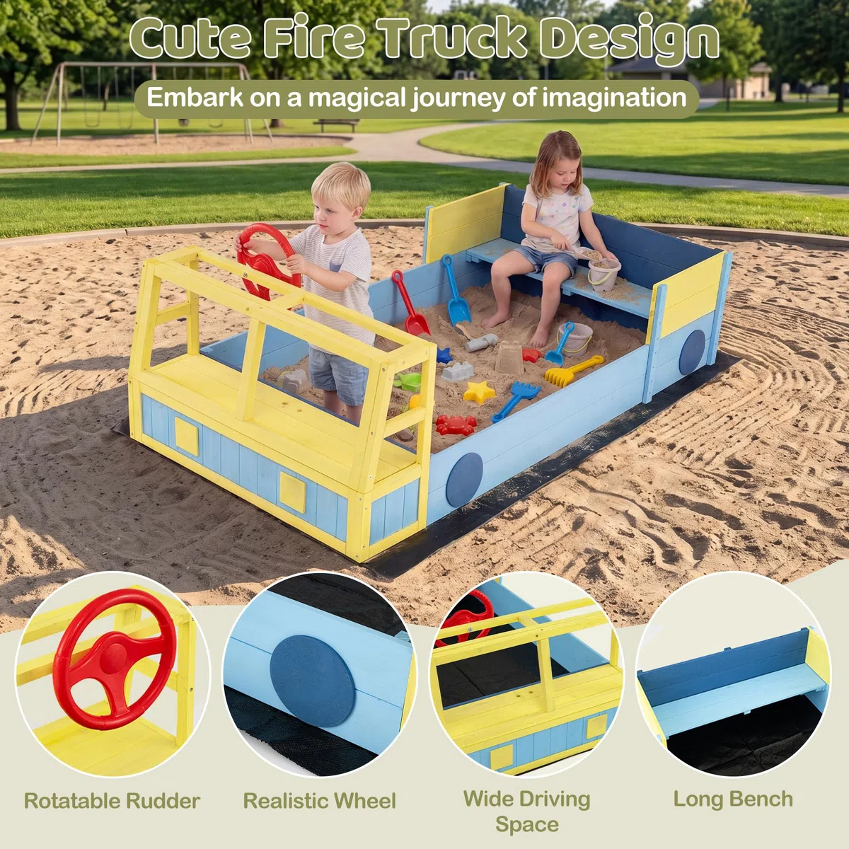 HOMASIS Sabbiera per Bambini a Forma di Camion dei Pompieri, Sabbiera da Esterno con Panca, Contenitore Portaoggetti Nascosto, Rivestimento, Sandbox per bambini 18+ Mesi, 170 x 100 x 48 cm