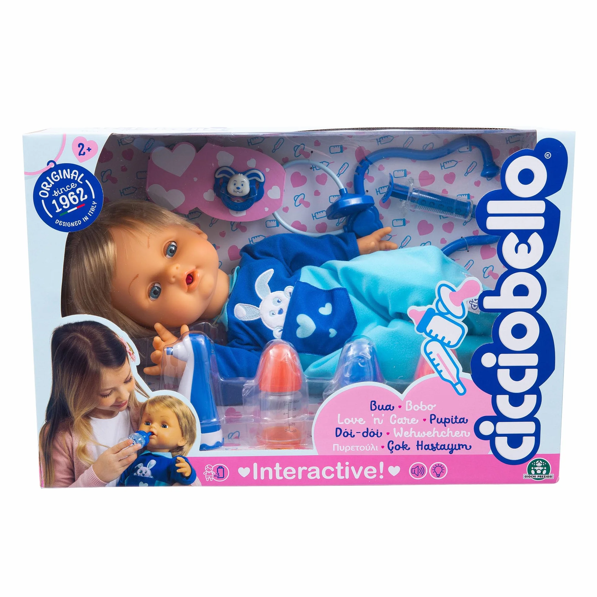 Cicciobello Bua, Bambola Interattiva con Accessori, Giochi Bambini 2 anni, Accessori per la Cura Come Termometro e Stetoscopio, Usa il Ciuccio per Farlo Smettere di Piangere!