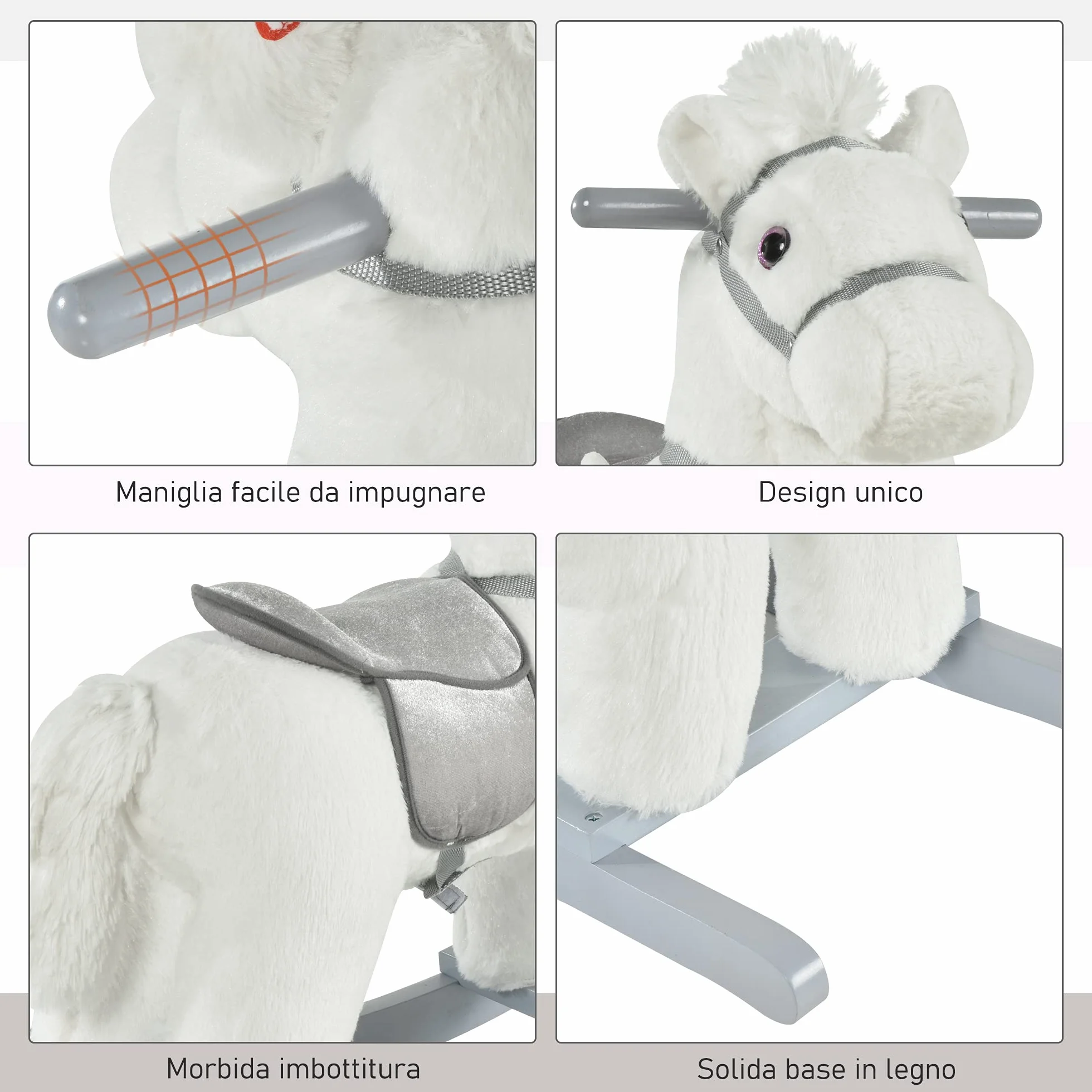 HOMCOM Cavallo a Dondolo per Bambini in Peluche e Legno con Suoni e Orsetto Incluso, per Bimbi da 18-36 Mesi, 65x26x55cm, Bianco